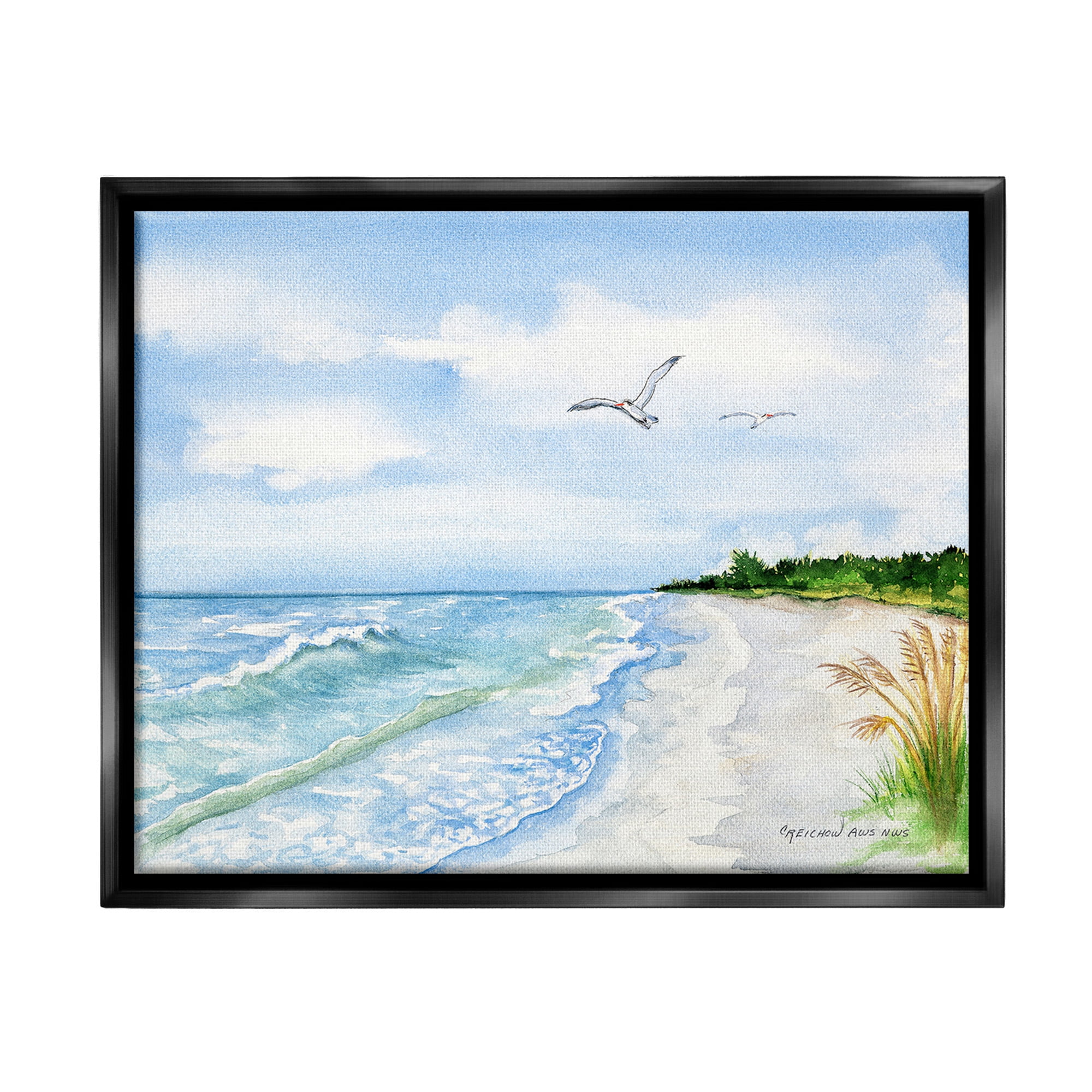 Stupell Industries Traditional Seagull over Beach Landscape Painting Black Floater Framed Canvas Art Print Wall Art, 31 x 25