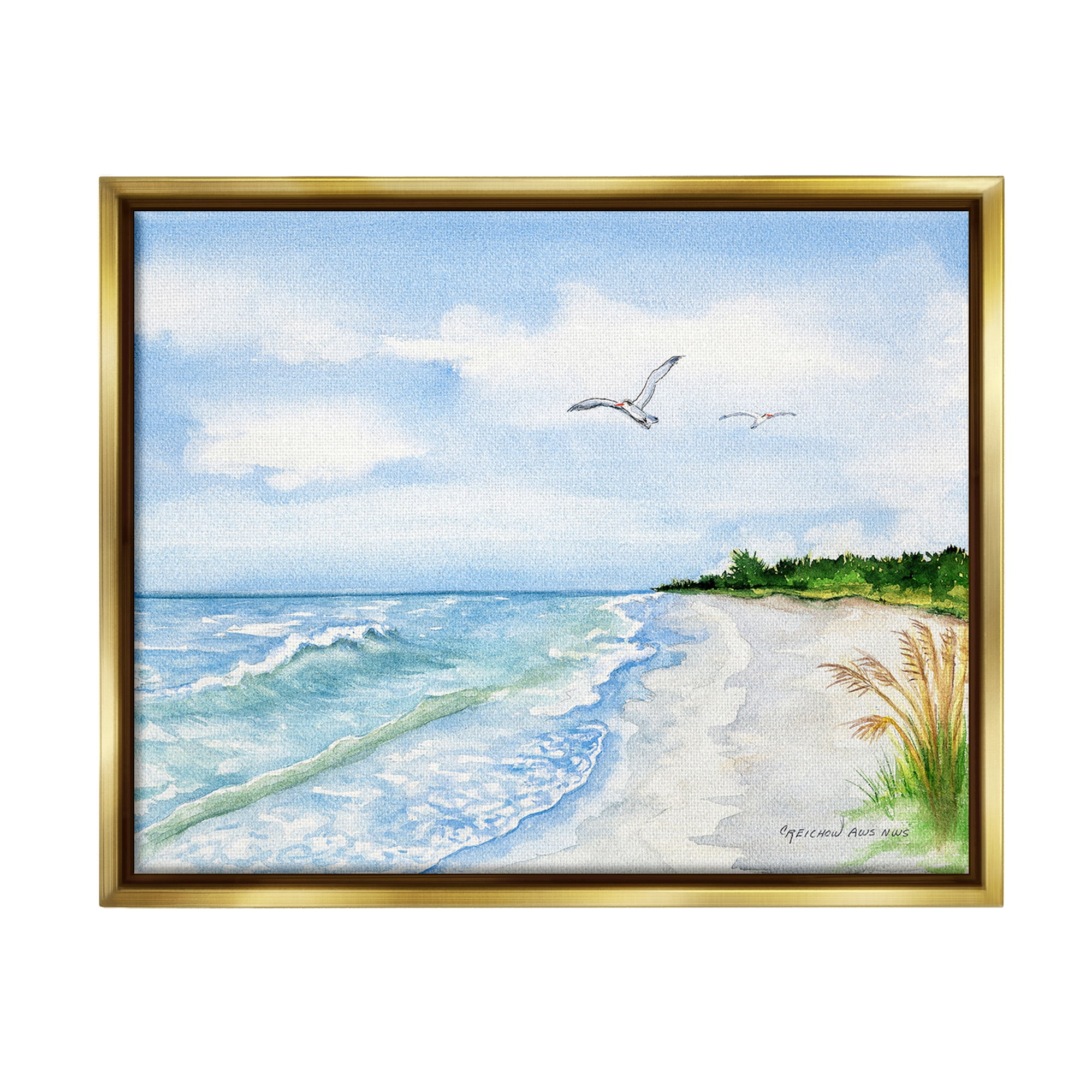 Stupell Industries Traditional Seagull over Beach Landscape Painting Gold Floater Framed Canvas Art Print Wall Art, 21 x 17