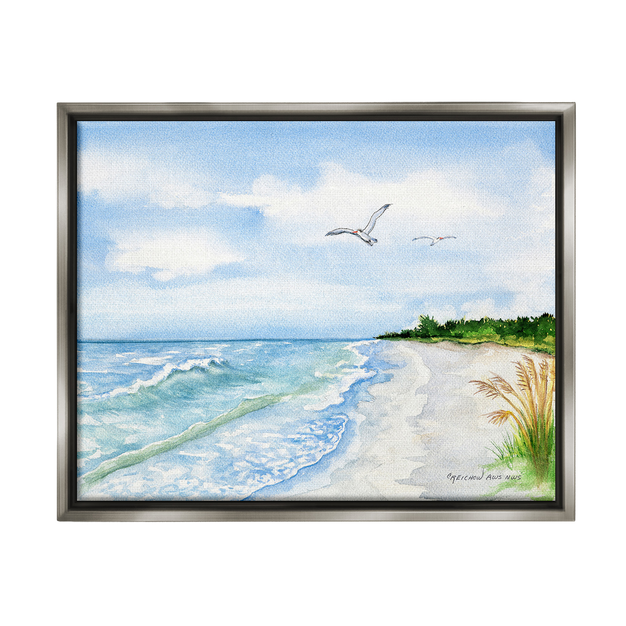 Stupell Industries Traditional Seagull over Beach Landscape Painting Gray Floater Framed Canvas Art Print Wall Art, 31 x 25