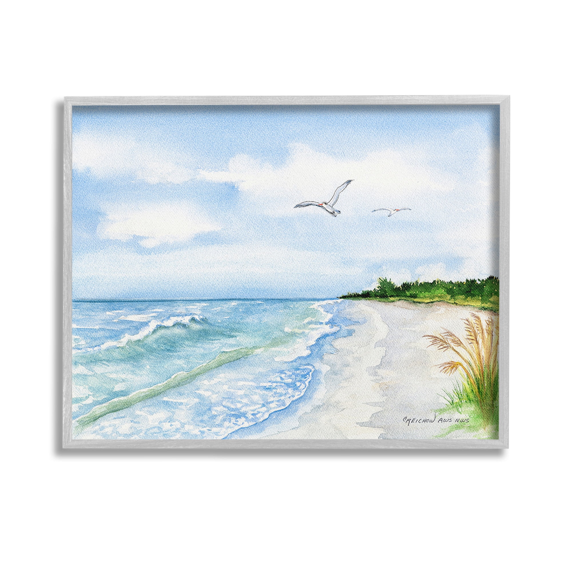 Stupell Industries Traditional Seagull over Beach Landscape Painting Gray Framed Art Print Wall Art, 14 x 11