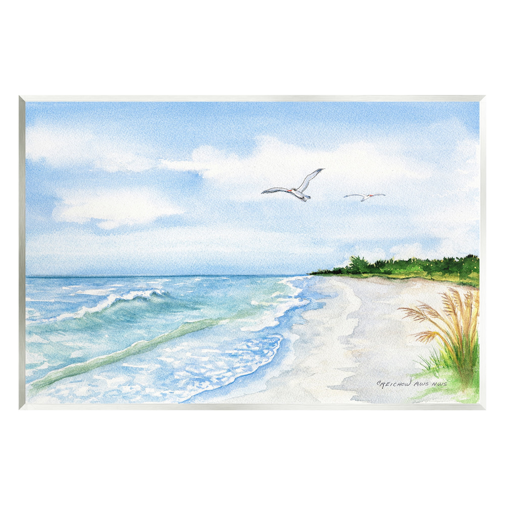 Stupell Industries Traditional Seagull over Beach Landscape Painting Unframed Art Print Wall Art, 19 x 13