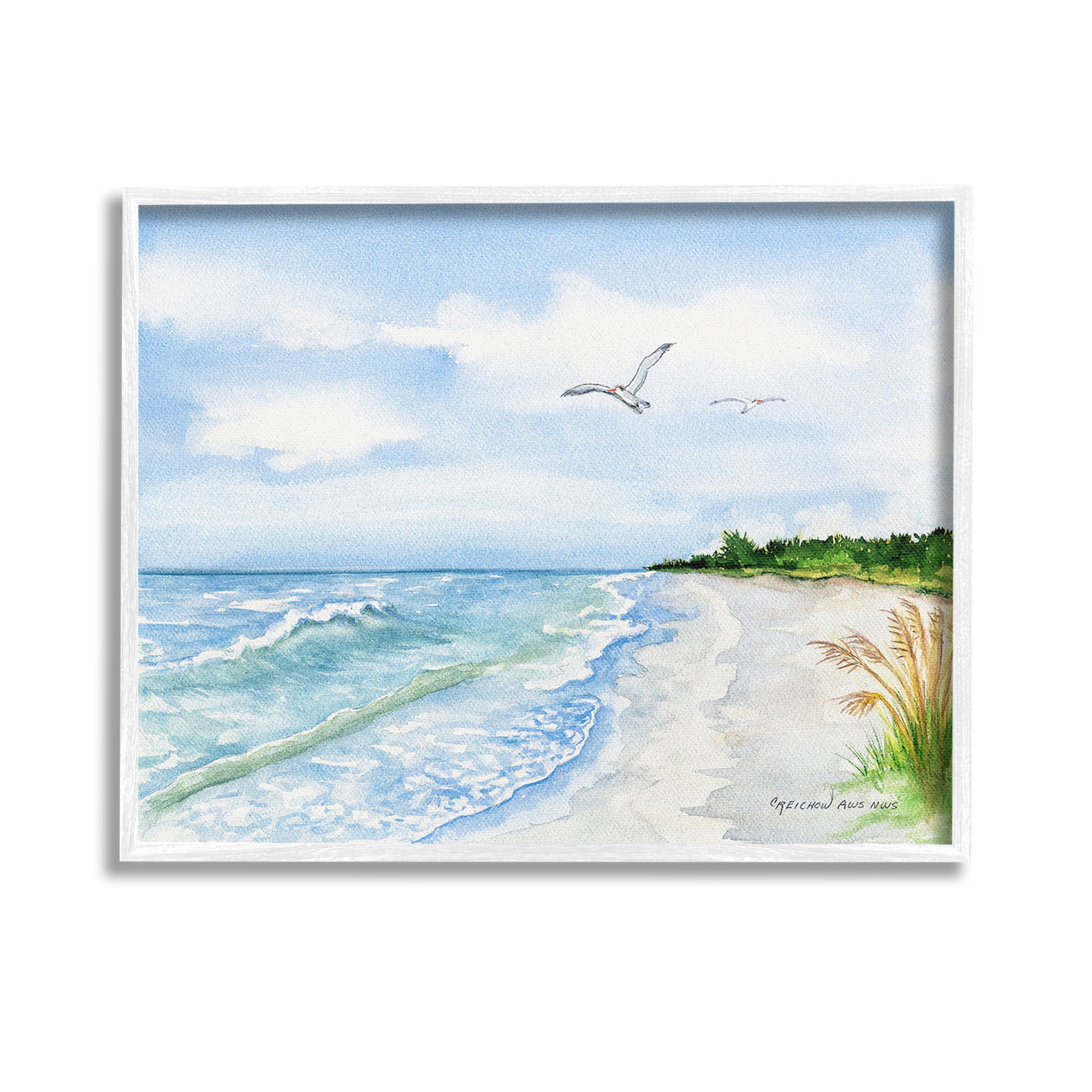Stupell Industries Traditional Seagull over Beach Landscape Painting White Framed Art Print Wall Art, 14 x 11