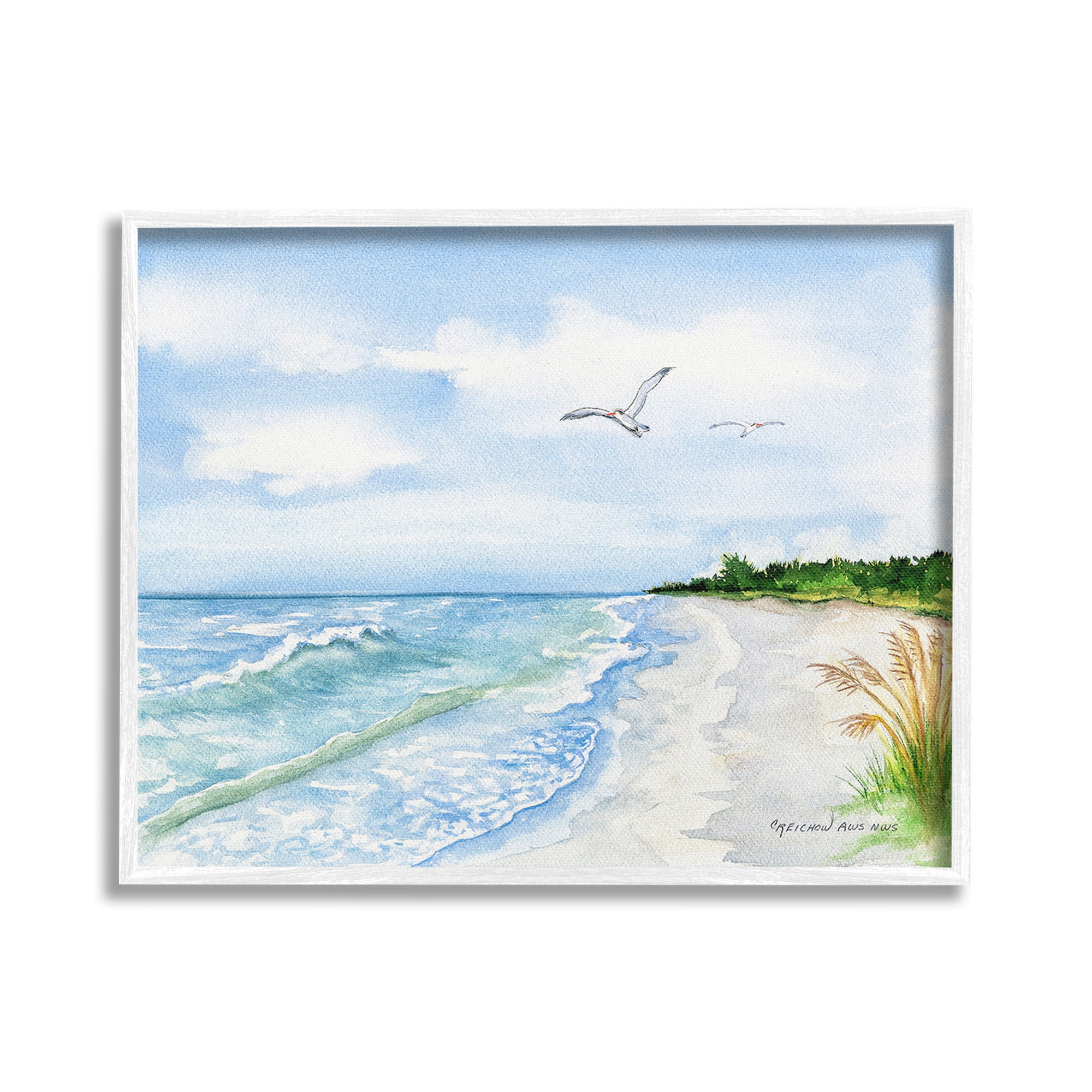 Stupell Industries Traditional Seagull over Beach Landscape Painting White Framed Art Print Wall Art, 20 x 16