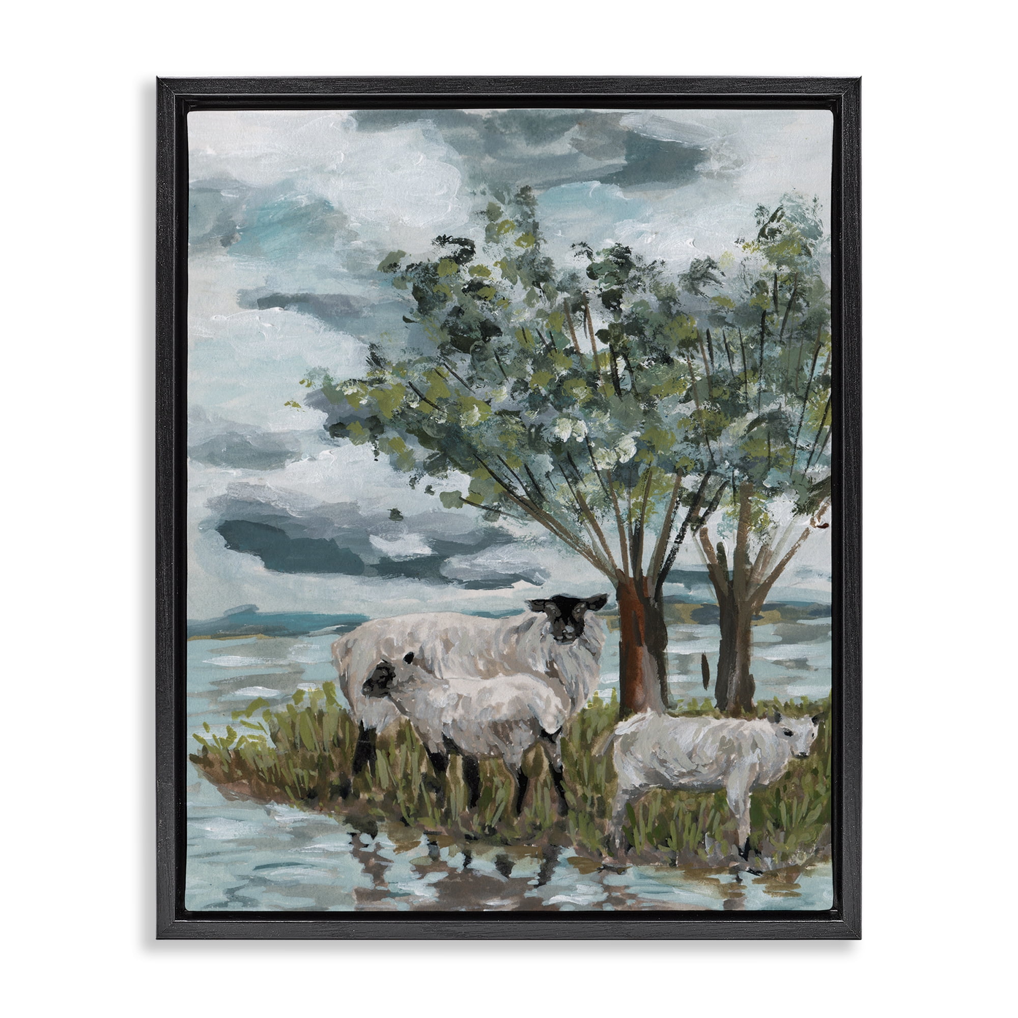 Stupell Industries Traditional Sheep Scene Landscape Painting Black Floater Framed Canvas Art Print Wall Art, 17 x 21