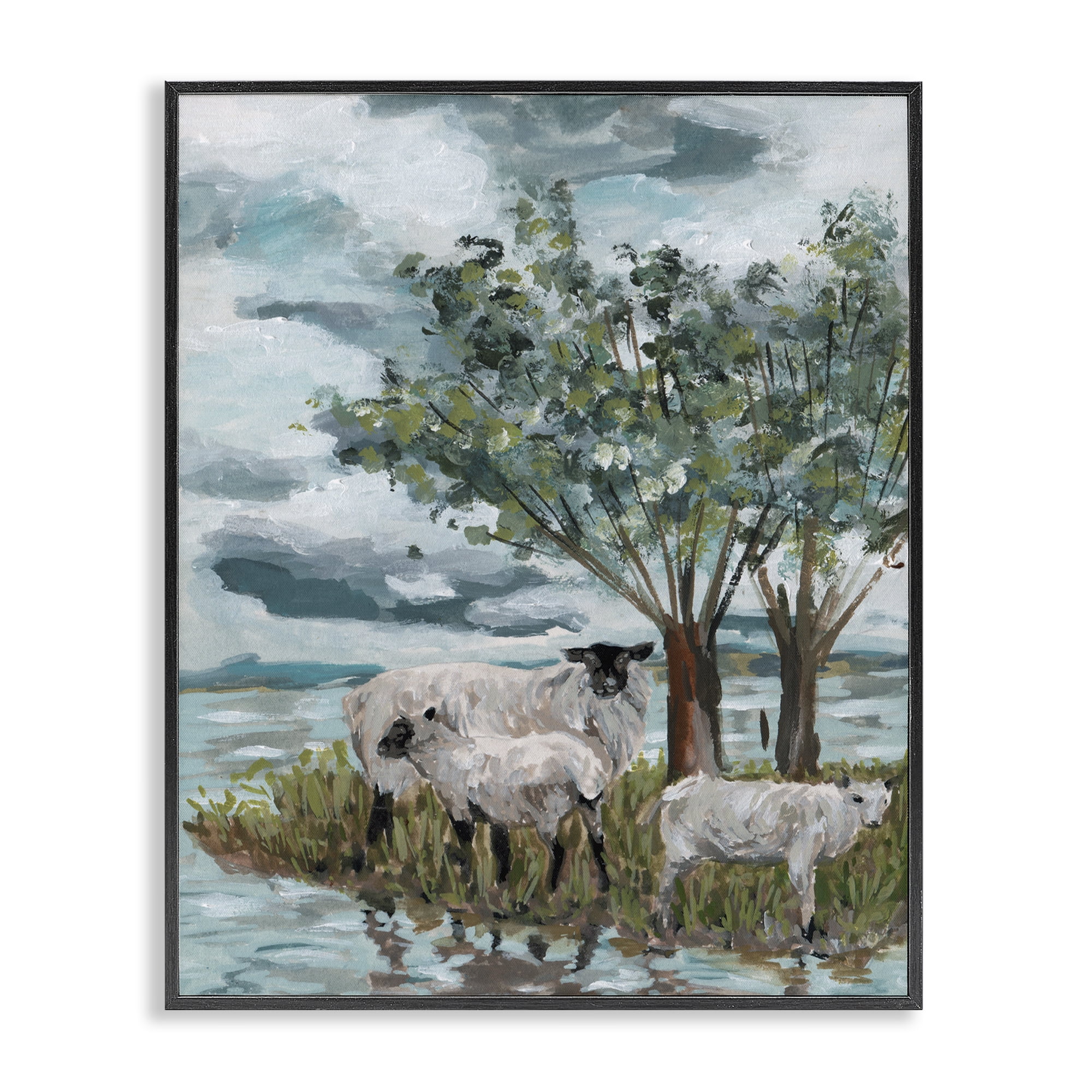 Stupell Industries Traditional Sheep Scene Landscape Painting Black Framed Art Print Wall Art, 16 x 20