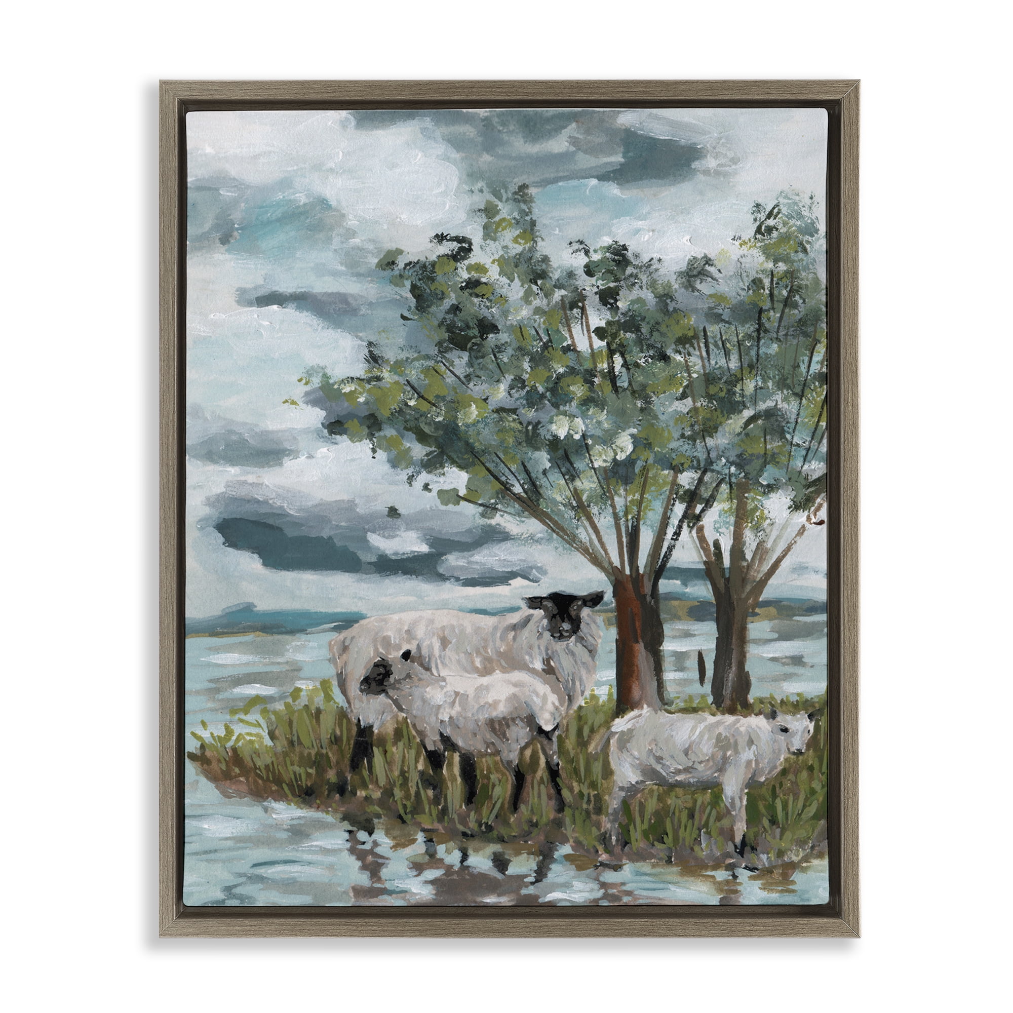 Stupell Industries Traditional Sheep Scene Landscape Painting Brown Floater Framed Canvas Art Print Wall Art, 17 x 21