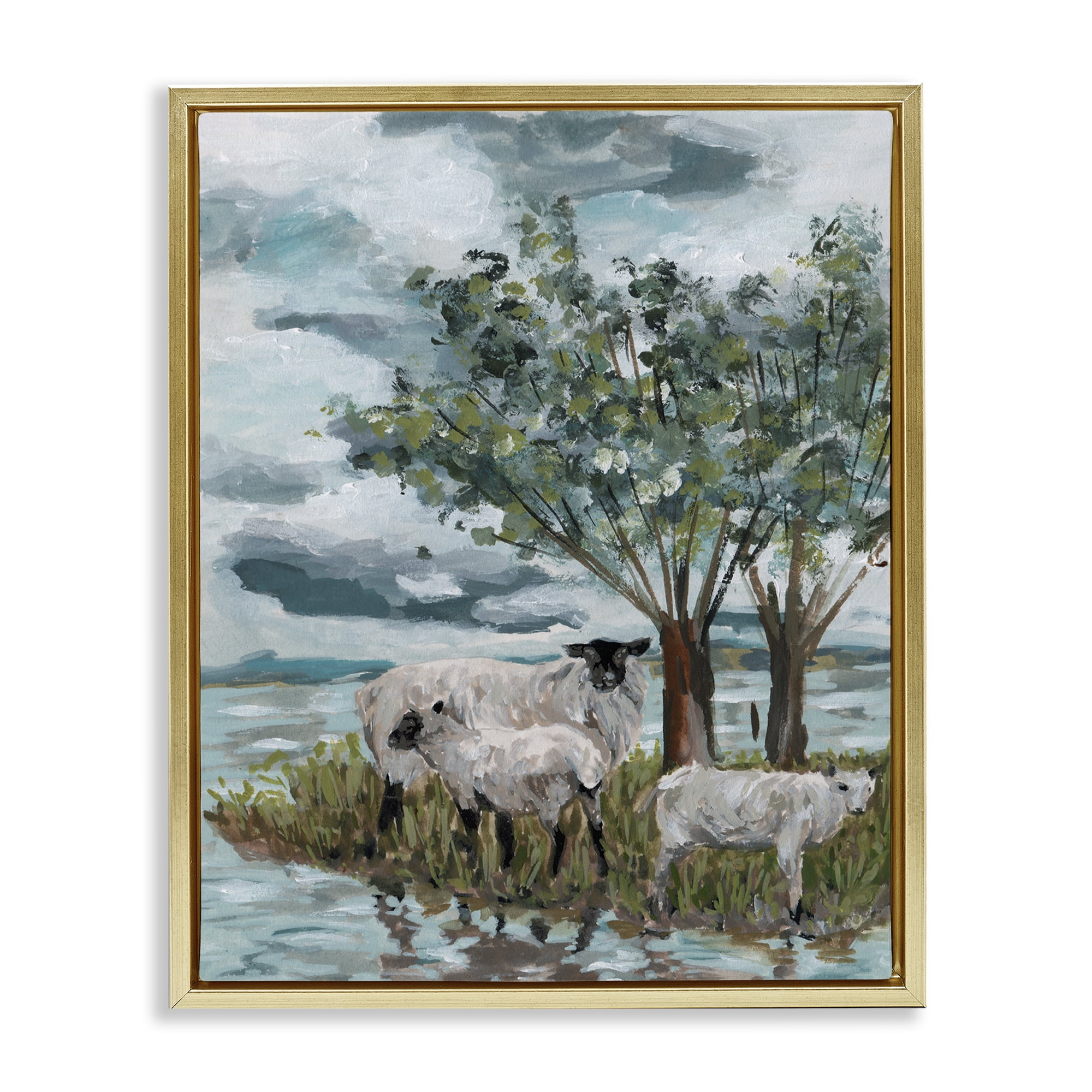 Stupell Industries Traditional Sheep Scene Landscape Painting Gold Floater Framed Canvas Art Print Wall Art, 25 x 31