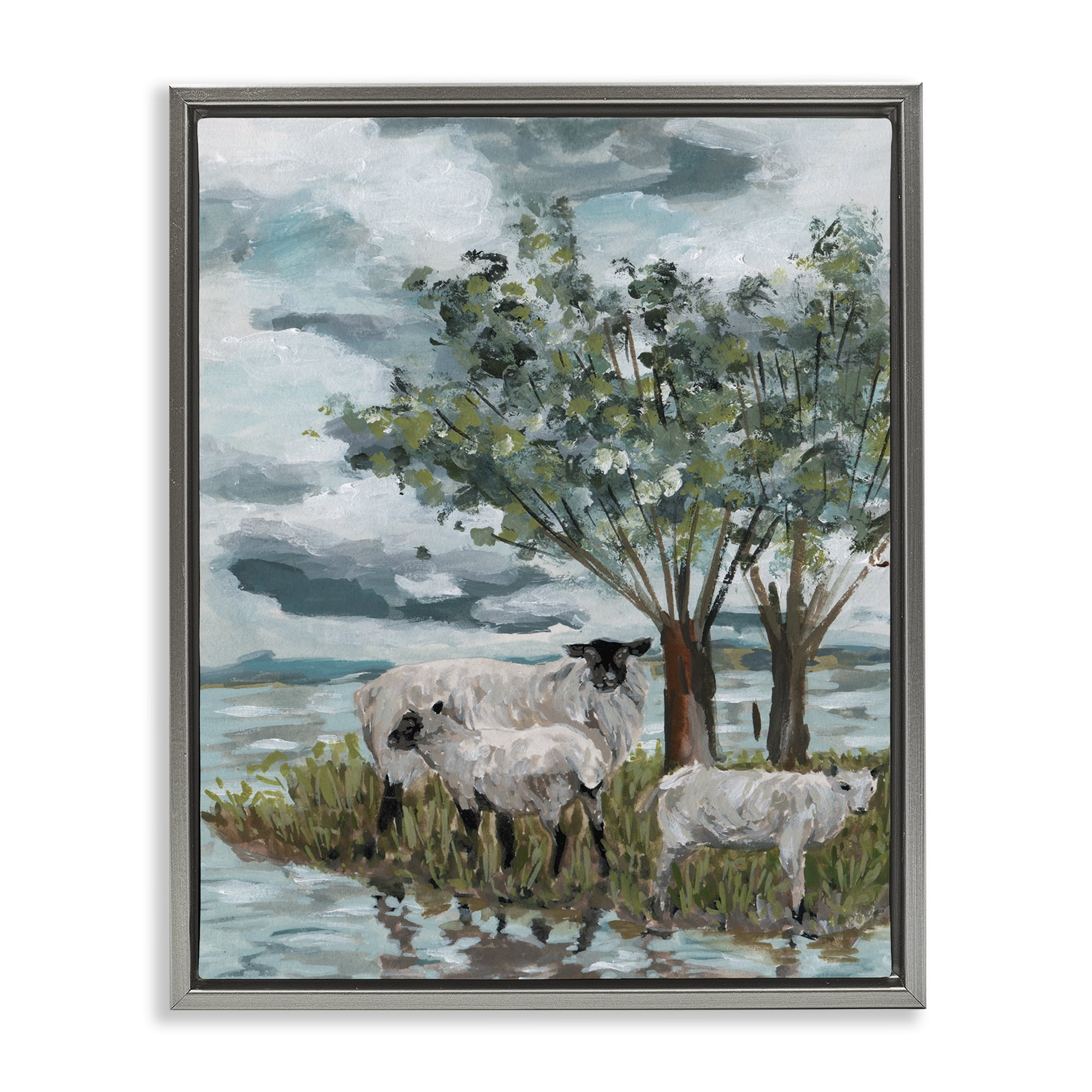 Stupell Industries Traditional Sheep Scene Landscape Painting Gray Floater Framed Canvas Art Print Wall Art, 25 x 31