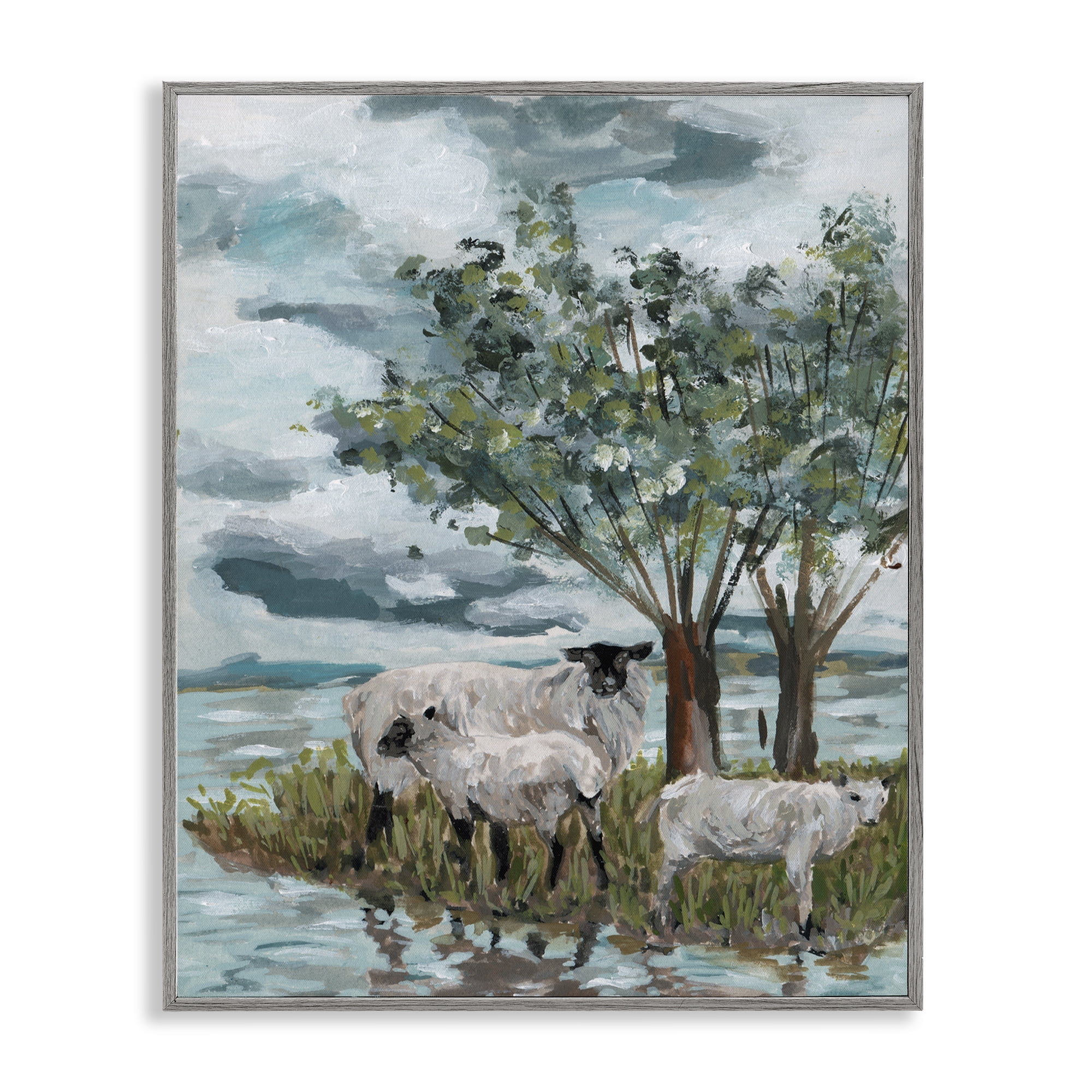 Stupell Industries Traditional Sheep Scene Landscape Painting Gray Framed Art Print Wall Art, 24 x 30