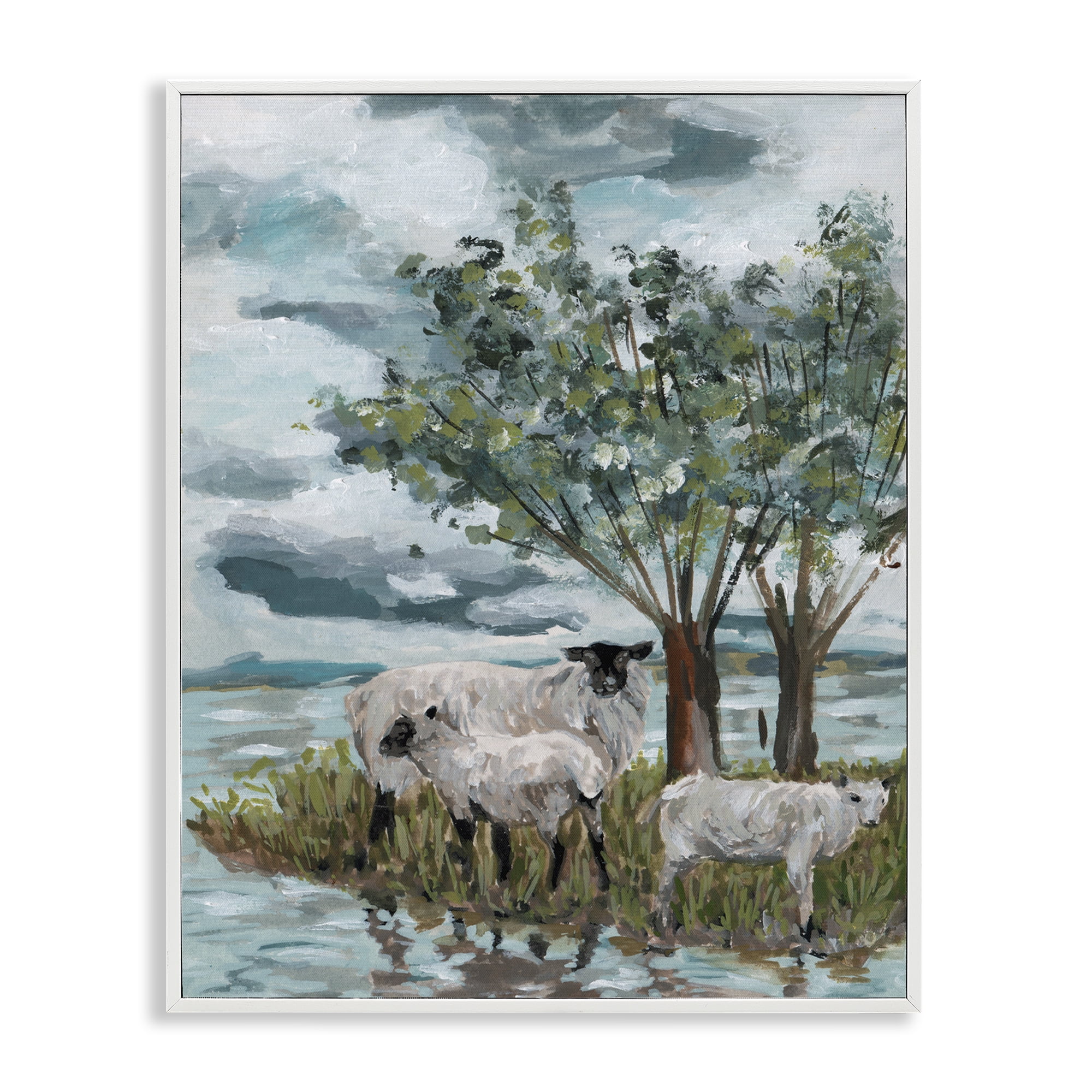 Stupell Industries Traditional Sheep Scene Landscape Painting White Framed Art Print Wall Art, 16 x 20