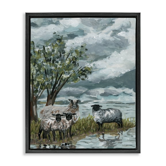 Stupell Industries Traditional Sheep View Landscape Painting Black Floater Framed Canvas Art Print Wall Art, 17 x 21