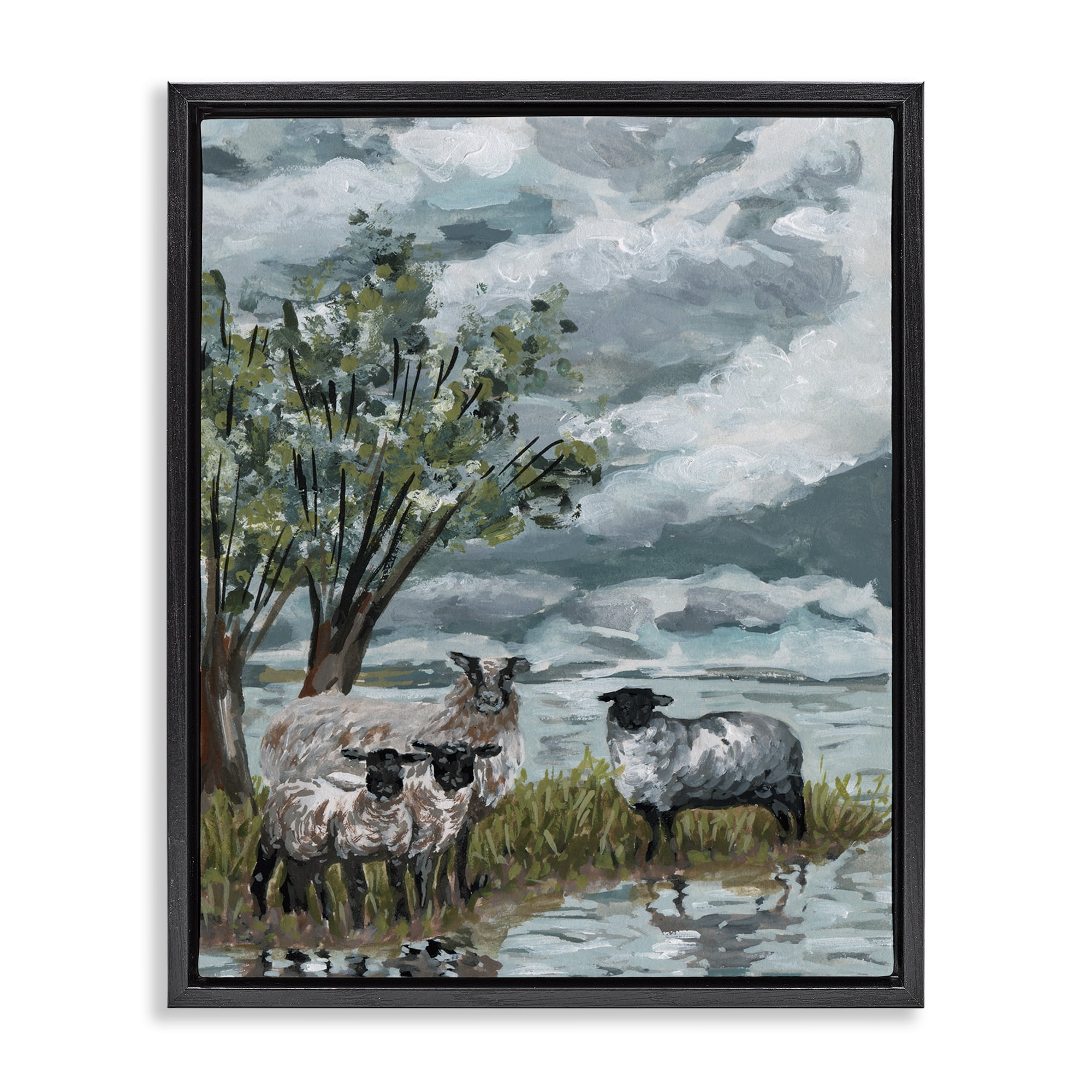Stupell Industries Traditional Sheep View Landscape Painting Black Floater Framed Canvas Art Print Wall Art, 25 x 31
