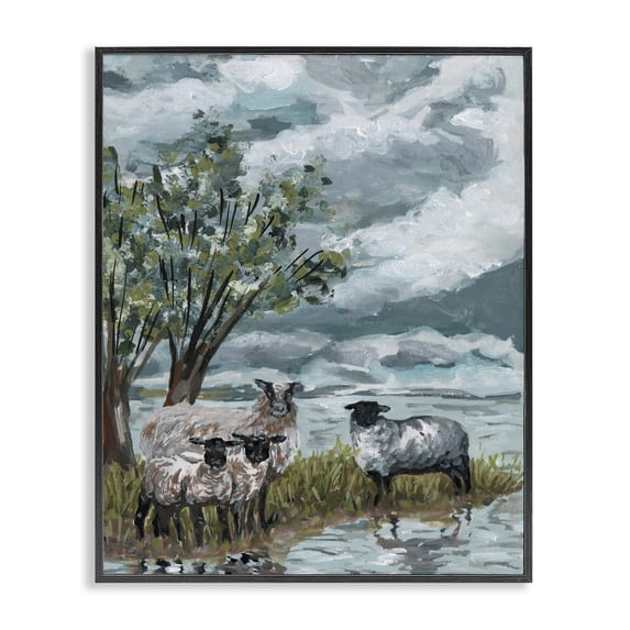 Stupell Industries Traditional Sheep View Landscape Painting Black Framed Art Print Wall Art, 24 x 30