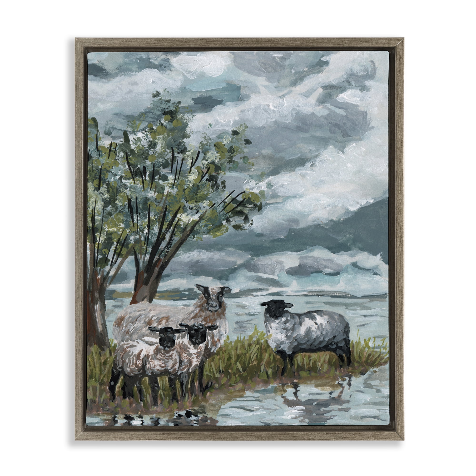 Stupell Industries Traditional Sheep View Landscape Painting Brown Floater Framed Canvas Art Print Wall Art, 25 x 31