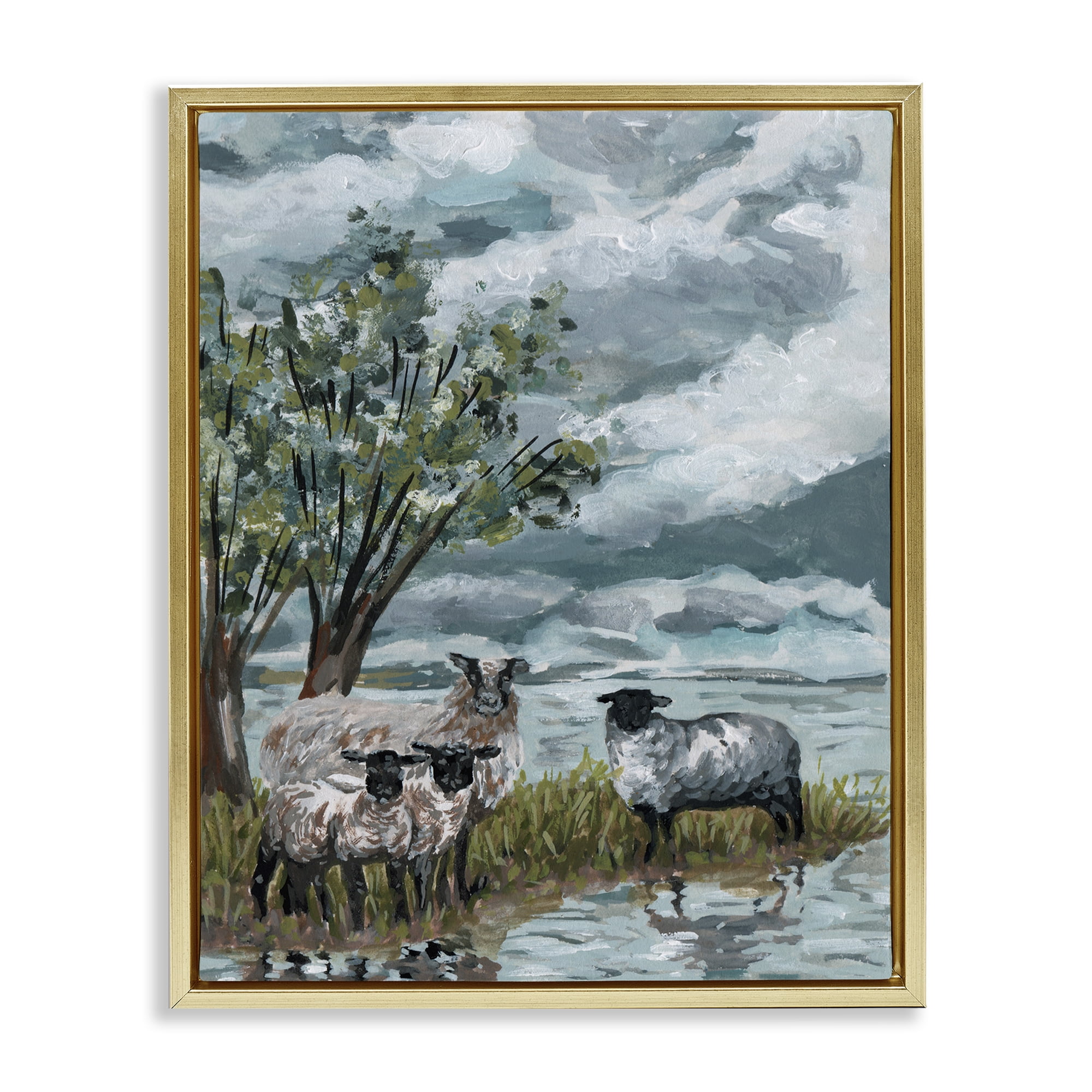 Stupell Industries Traditional Sheep View Landscape Painting Gold Floater Framed Canvas Art Print Wall Art, 25 x 31