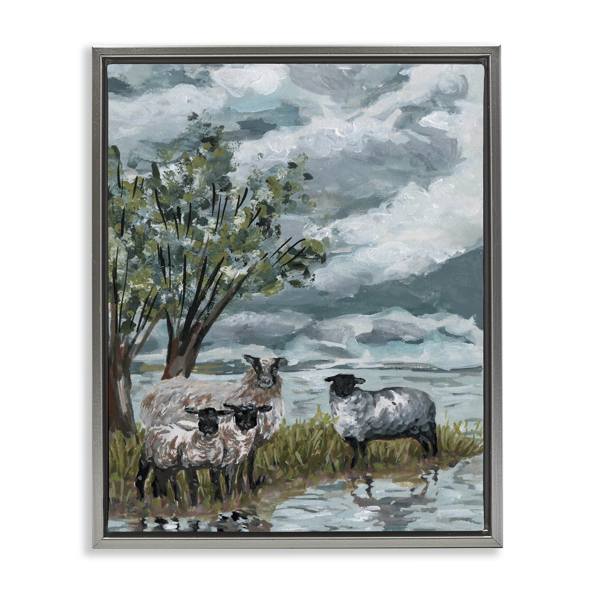 Stupell Industries Traditional Sheep View Landscape Painting Gray Floater Framed Canvas Art Print Wall Art, 17 x 21