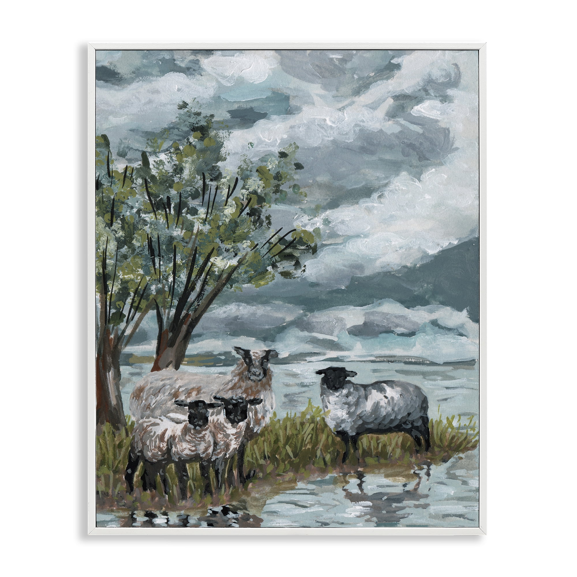 Stupell Industries Traditional Sheep View Landscape Painting White Framed Art Print Wall Art, 16 x 20