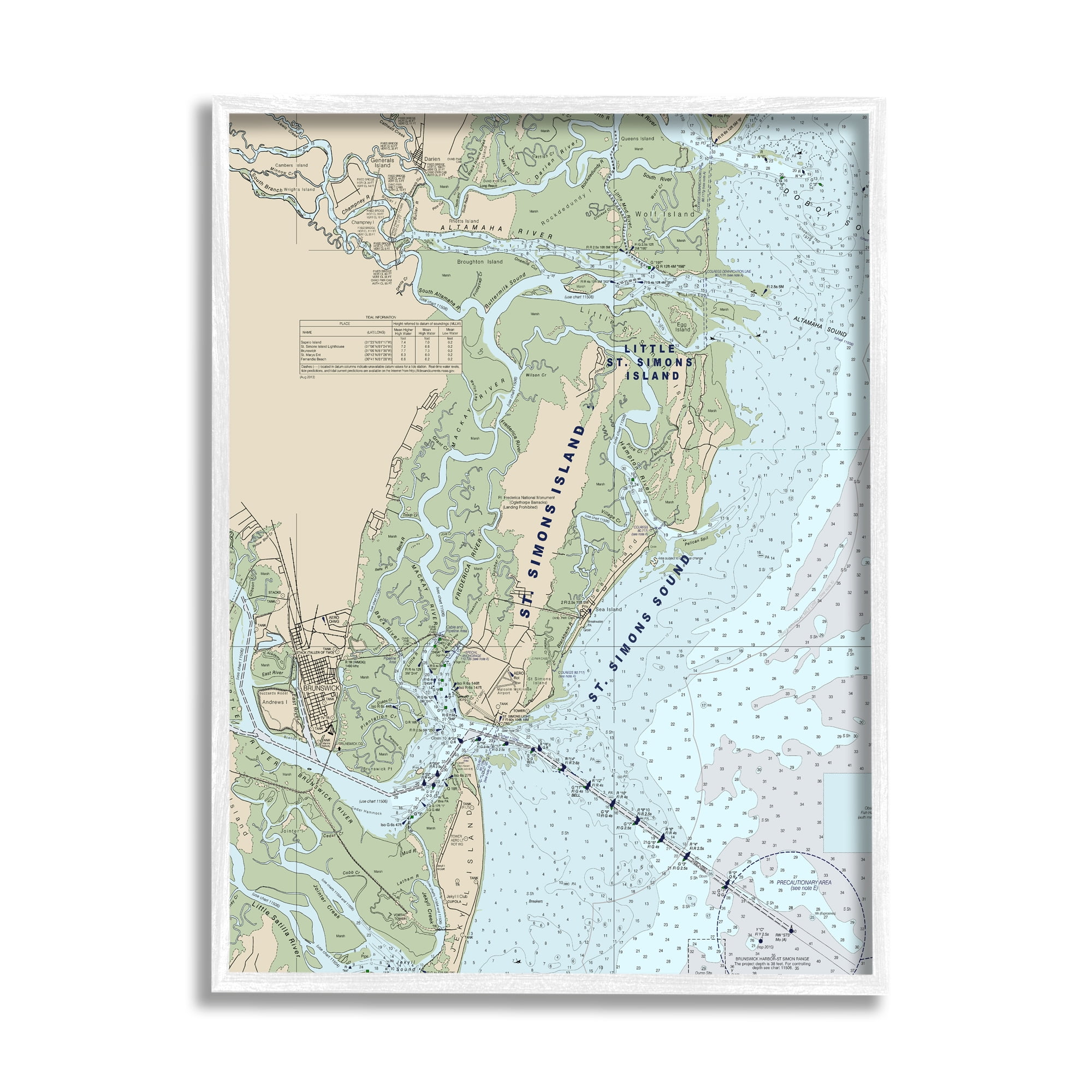 Stupell Industries Traditional St. Simons Island Nautical Map Blue Green Vintage Painting White Framed Art Print Wall Art, 24 x 30, Design by Daphne Polselli