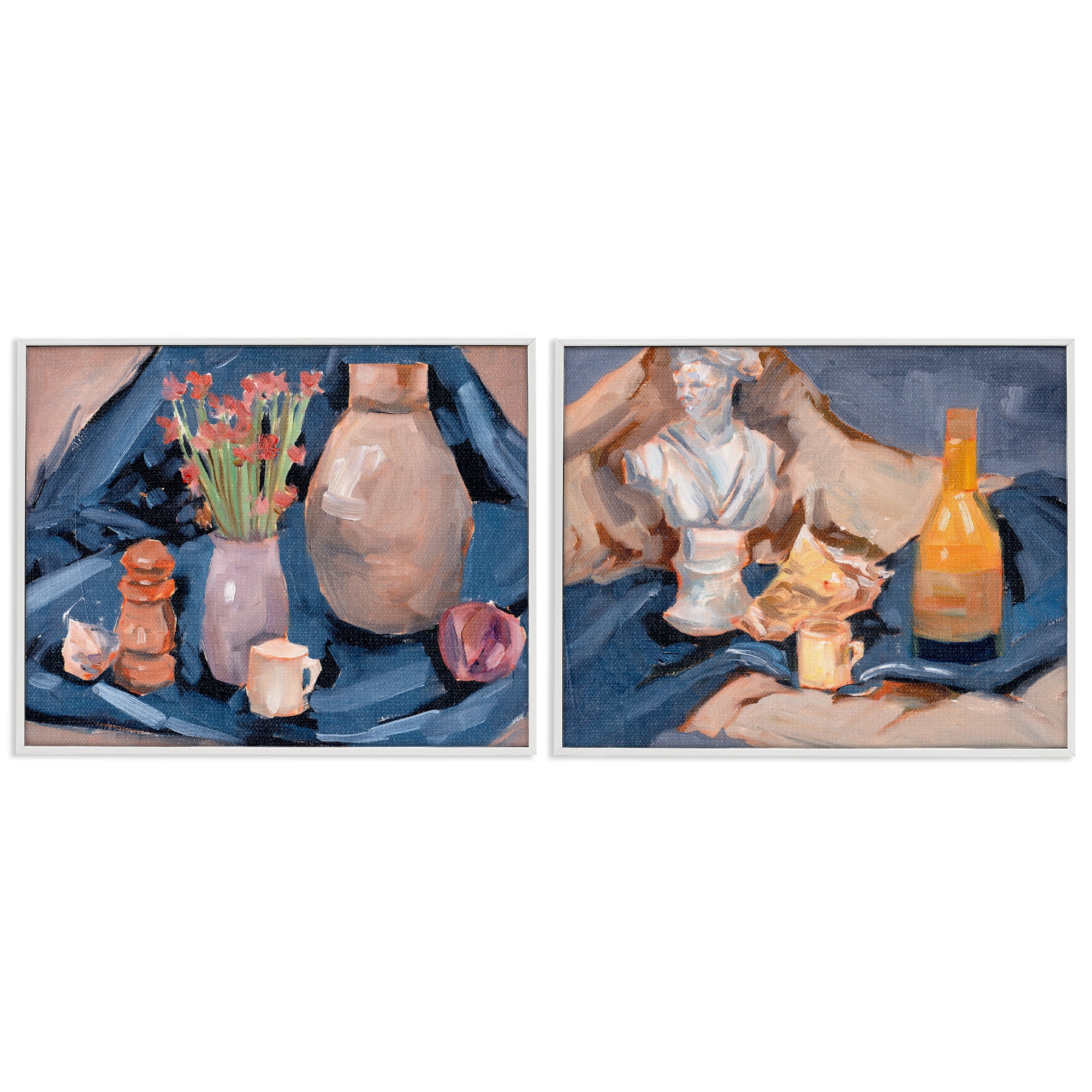 Stupell Industries Traditional Still Life on Drapery Plants & Flowers Painting White Framed Art Print Wall Art, 20 x 16, Set of 2