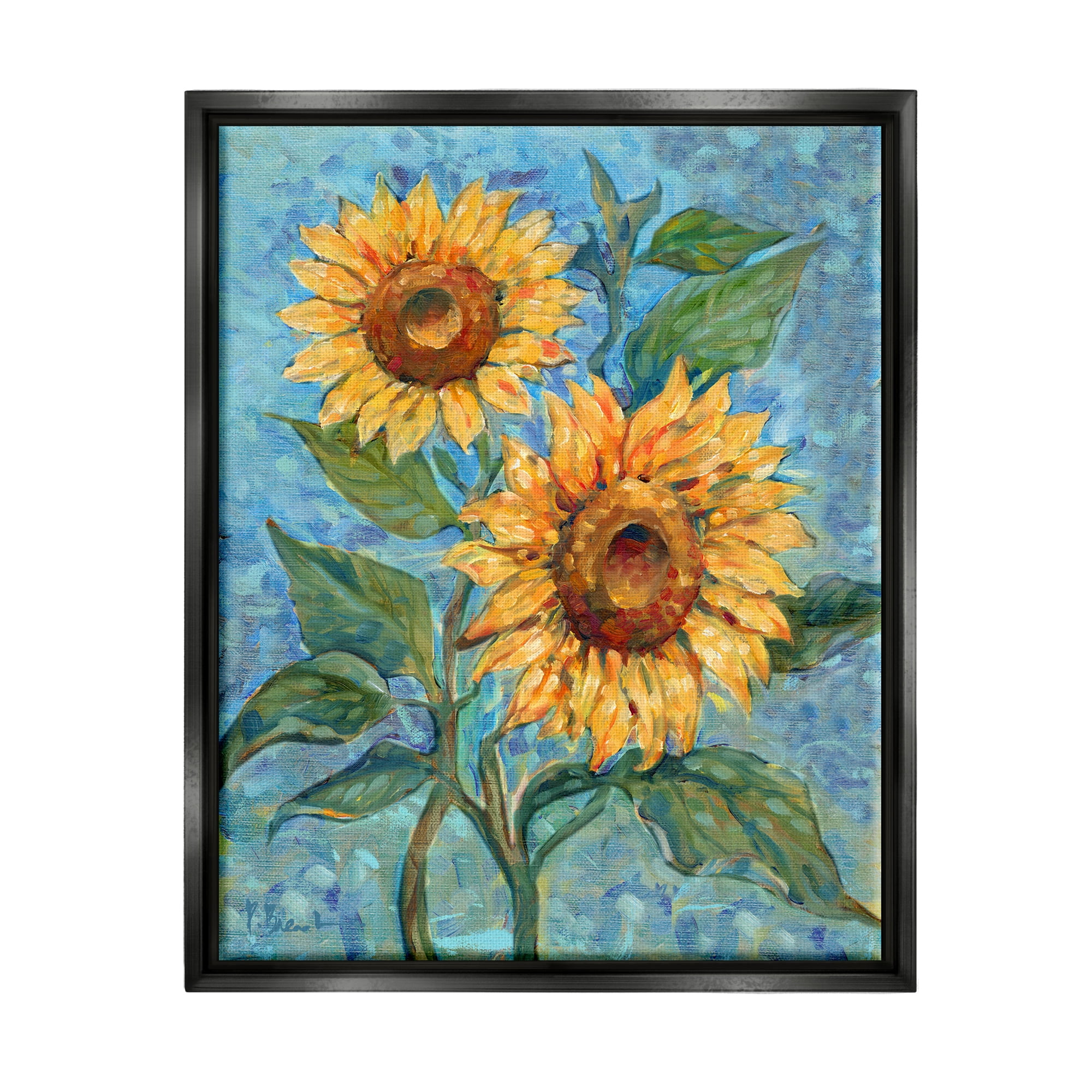 Stupell Industries Traditional Sunflowers on Blue Botanical & Floral Painting Black Floater Framed Canvas Art Print Wall Art, 25 x 31