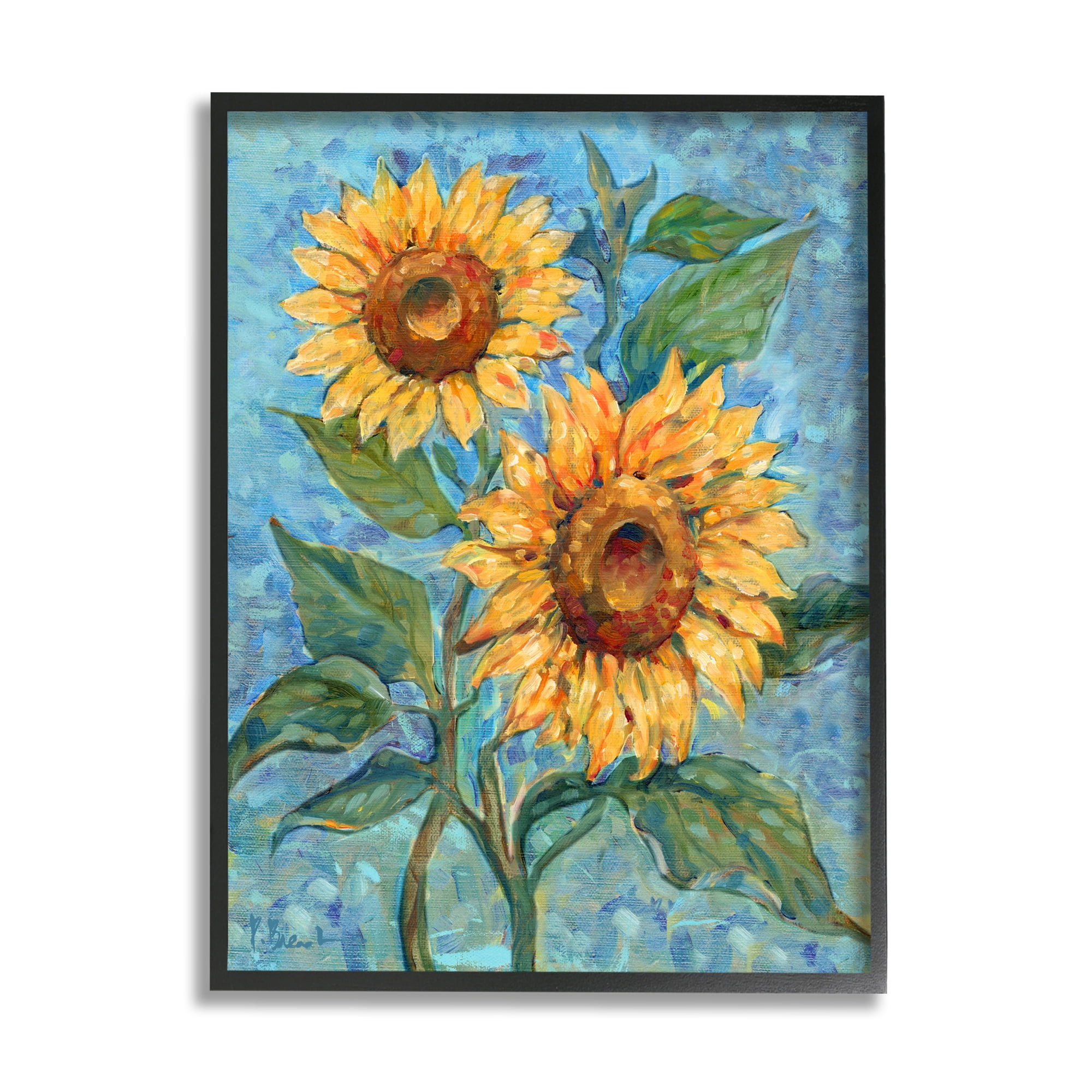 Stupell Industries Traditional Sunflowers on Blue Botanical & Floral Painting Black Framed Art Print Wall Art, 16 x 20