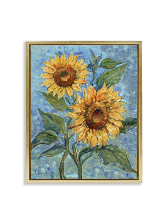 Industries Cottage Traditional Sunflowers on Blue Gold Floating Frame Canvas Art, 17 x 21, by Paul Brent
