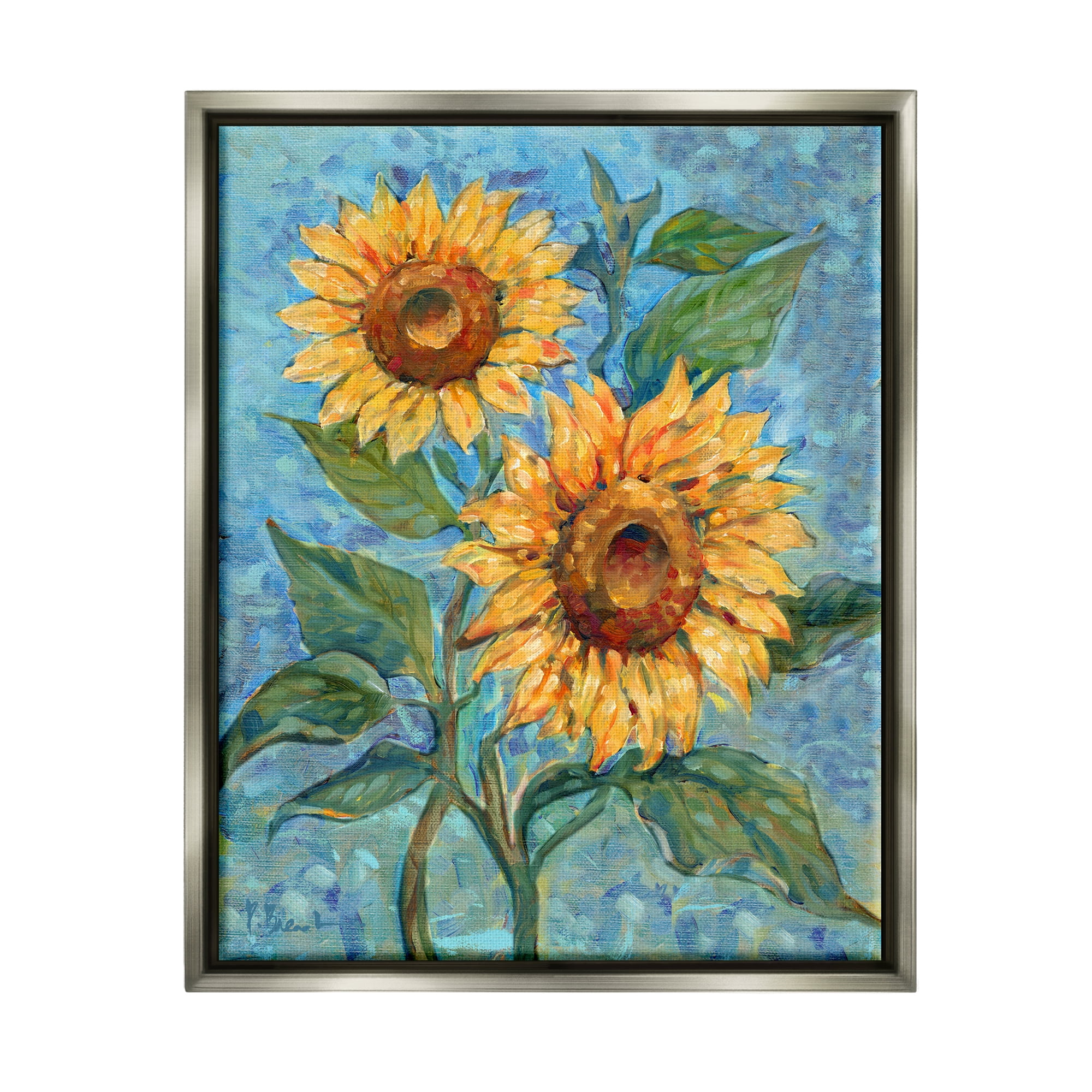 Stupell Industries Traditional Sunflowers on Blue Botanical & Floral Painting Gray Floater Framed Canvas Art Print Wall Art, 17 x 21