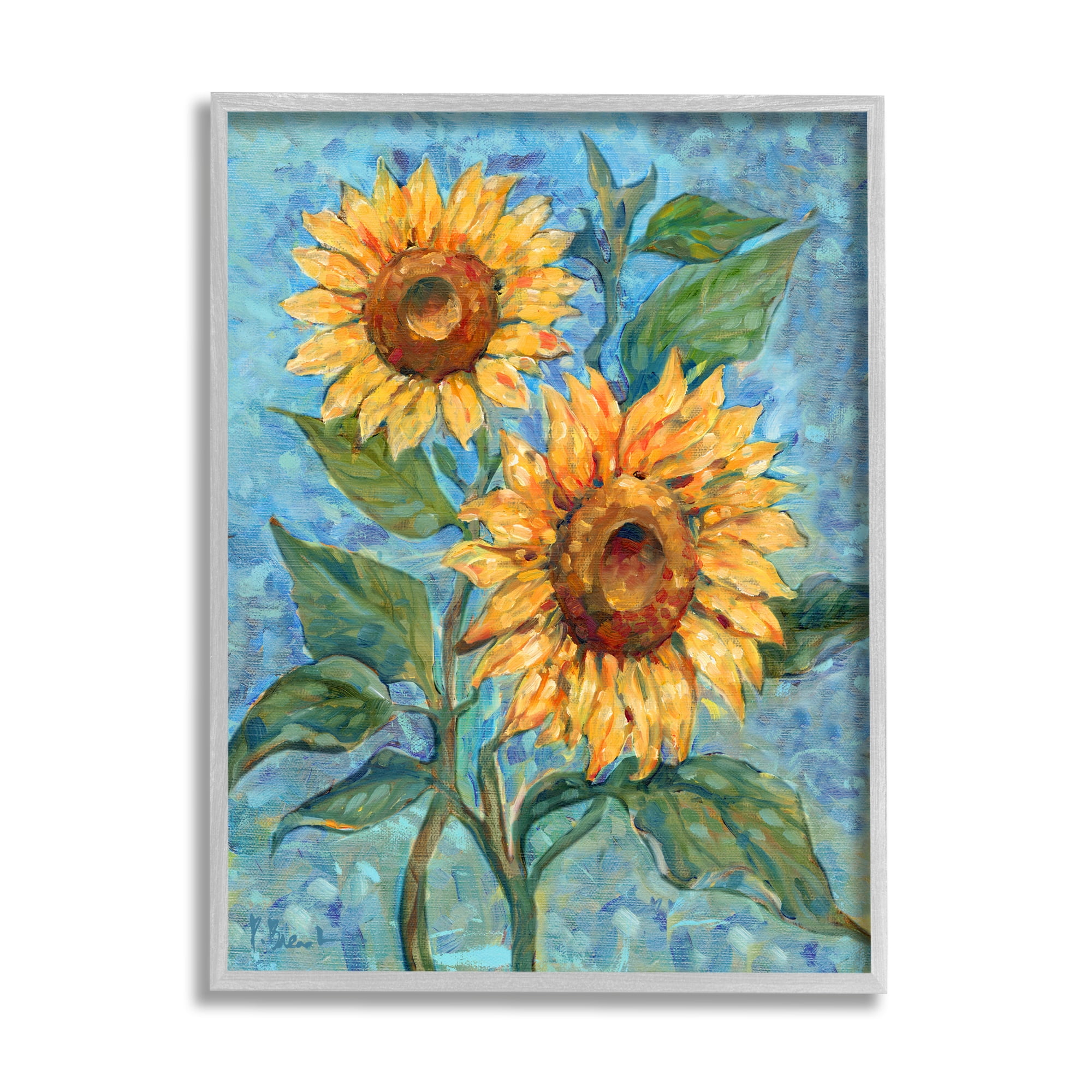 Stupell Industries Traditional Sunflowers on Blue Botanical & Floral Painting Gray Framed Art Print Wall Art, 24 x 30