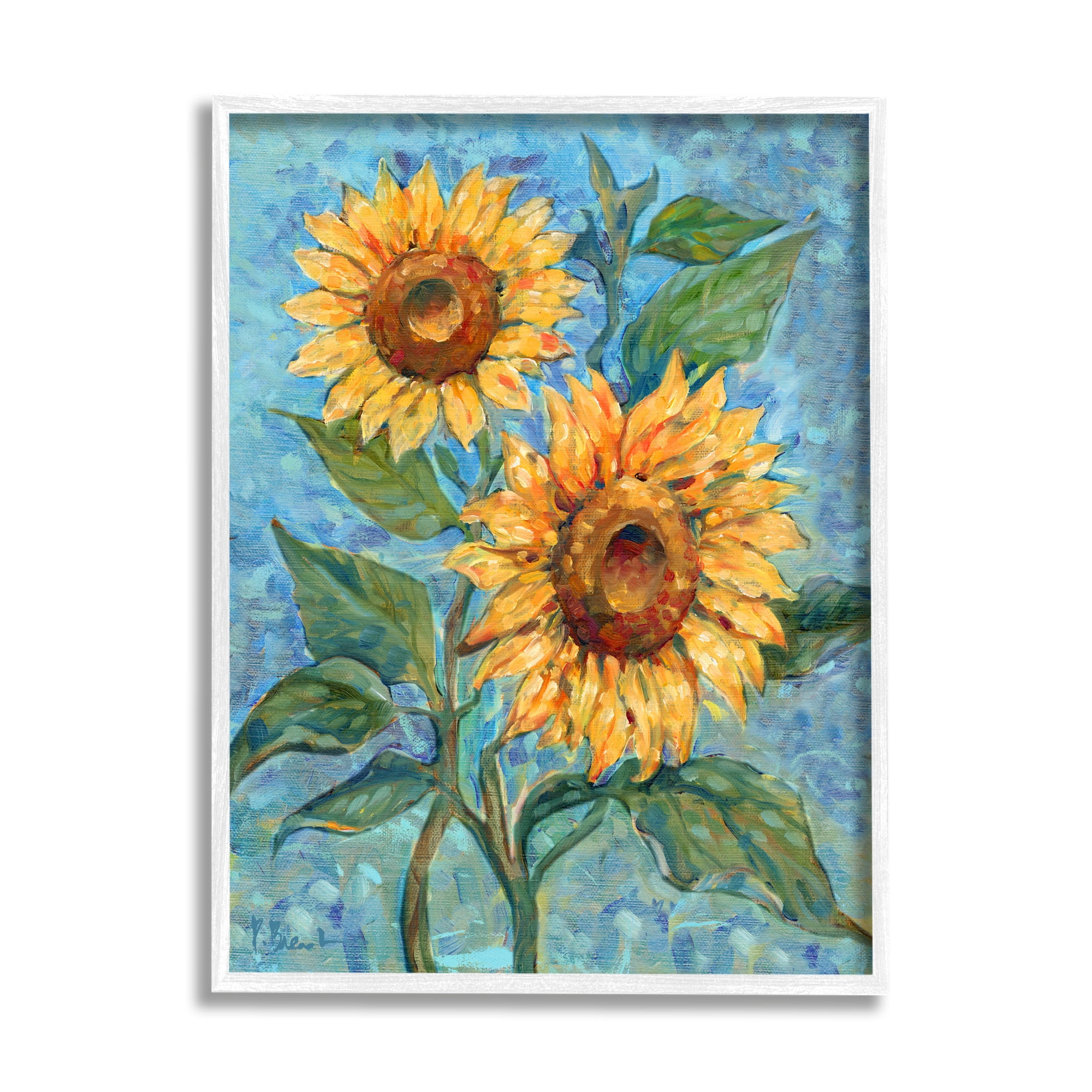 Stupell Industries Traditional Sunflowers on Blue Botanical & Floral Painting White Framed Art Print Wall Art, 11 x 14