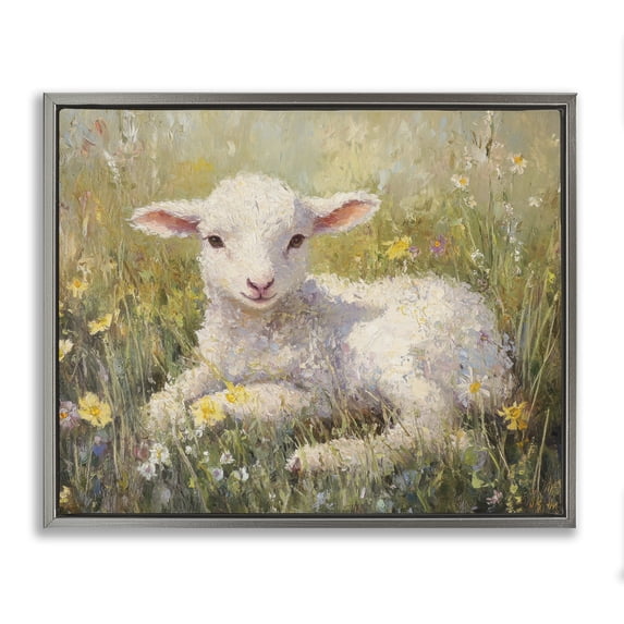 Stupell Industries Traditional Sunlight Lamb in Flowers Gray Floating Frame Canvas Art, 31 x 25, by Petals Prints Design