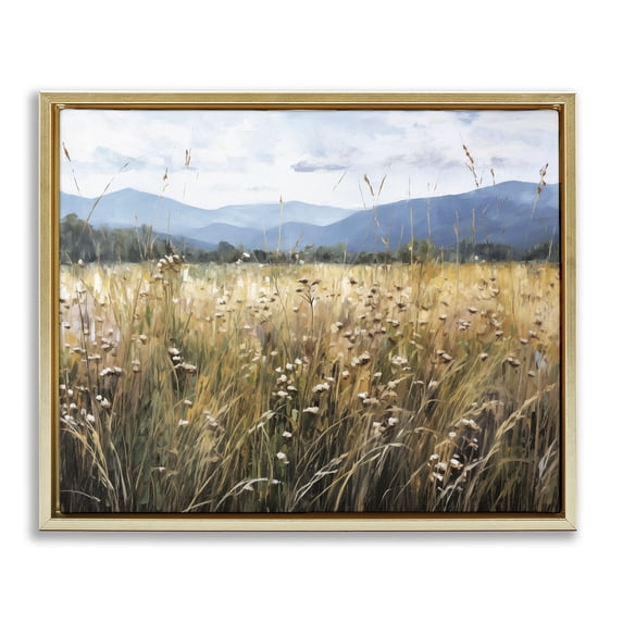 Stupell Industries Traditional Sunlit Meadow Beneath Mountains Gold Floating Frame Canvas Art, 21 x 17, by Heidi Kuntz