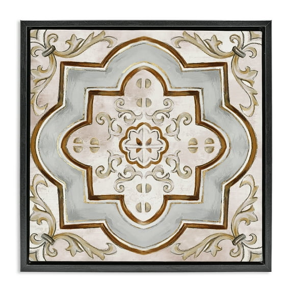 Stupell Industries Traditional Symmetrical Tile Abstract Painting Black Floater Framed Canvas Art Print Wall Art, 25 x 25