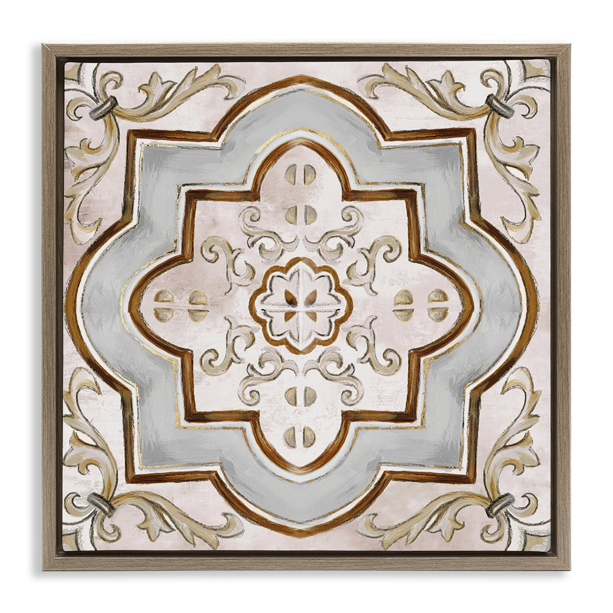 Stupell Industries Traditional Symmetrical Tile Abstract Painting Brown Floater Framed Canvas Art Print Wall Art, 18 x 18