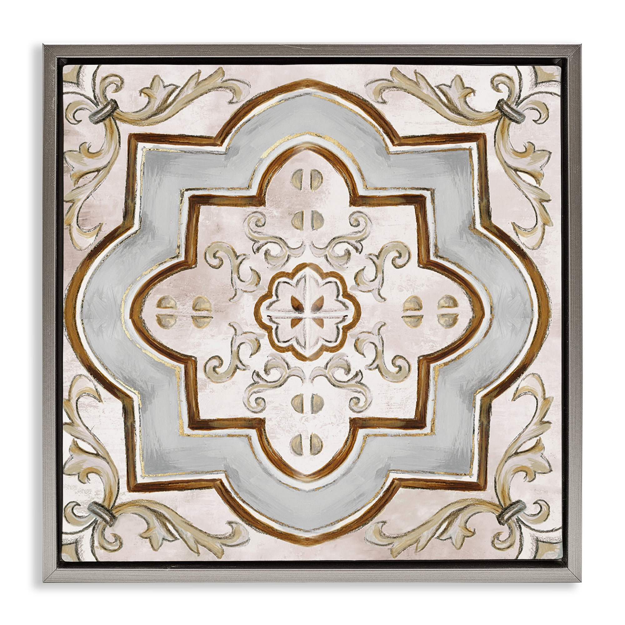 Stupell Industries Traditional Symmetrical Tile Abstract Painting Gray Floater Framed Canvas Art Print Wall Art, 18 x 18