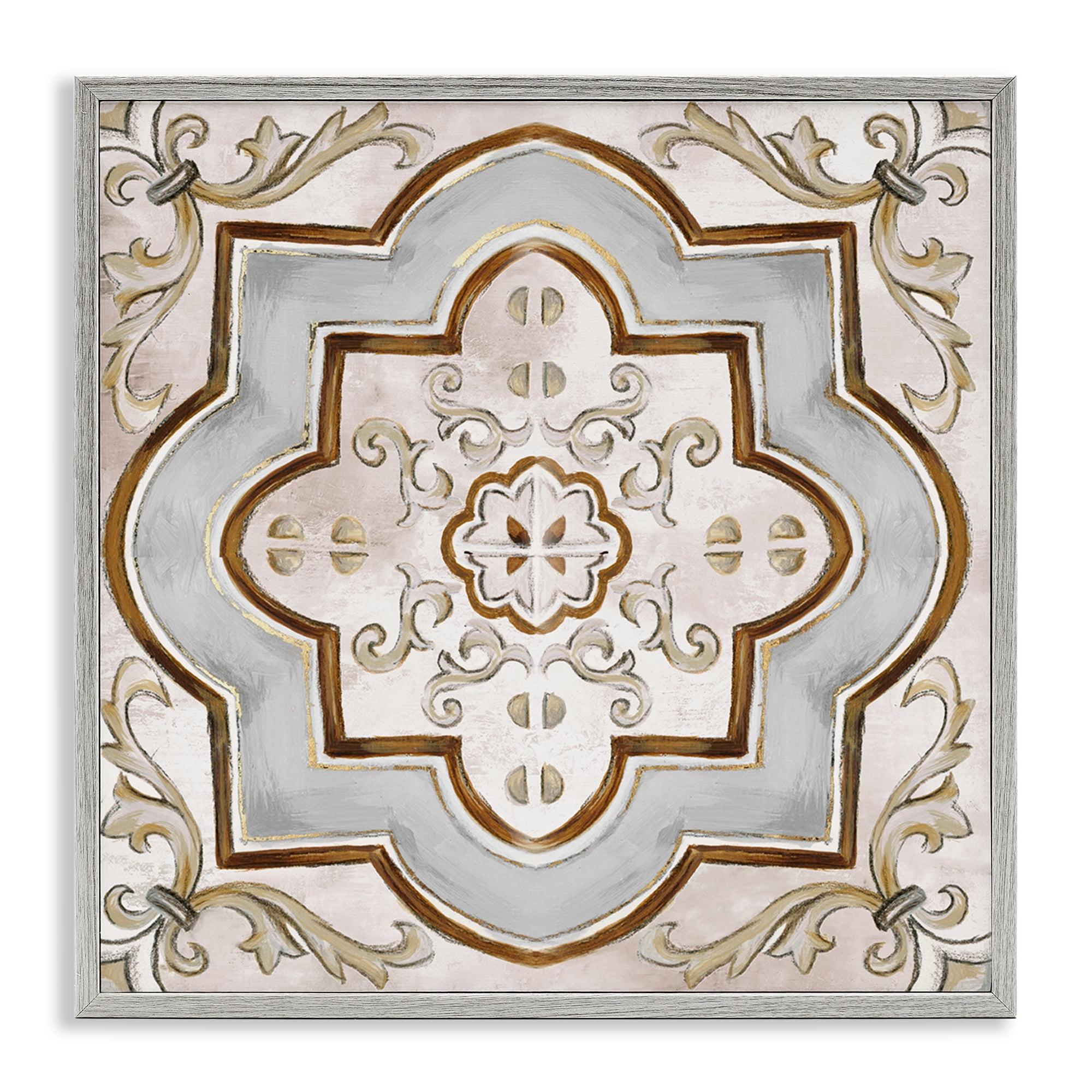 Stupell Industries Traditional Symmetrical Tile Abstract Painting Gray Framed Art Print Wall Art, 17 x 17