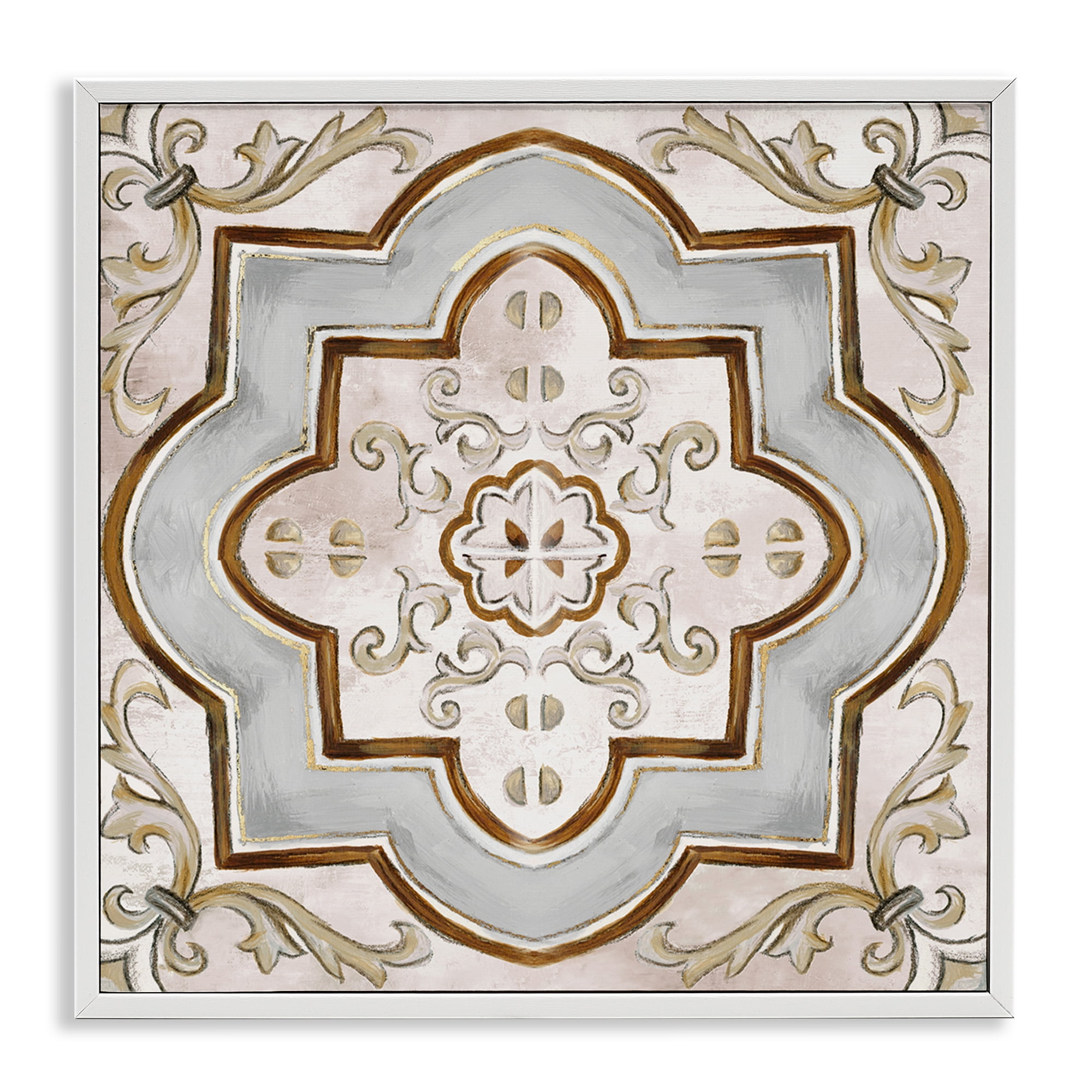 Stupell Industries Traditional Symmetrical Tile Abstract Painting White Framed Art Print Wall Art, 24 x 24