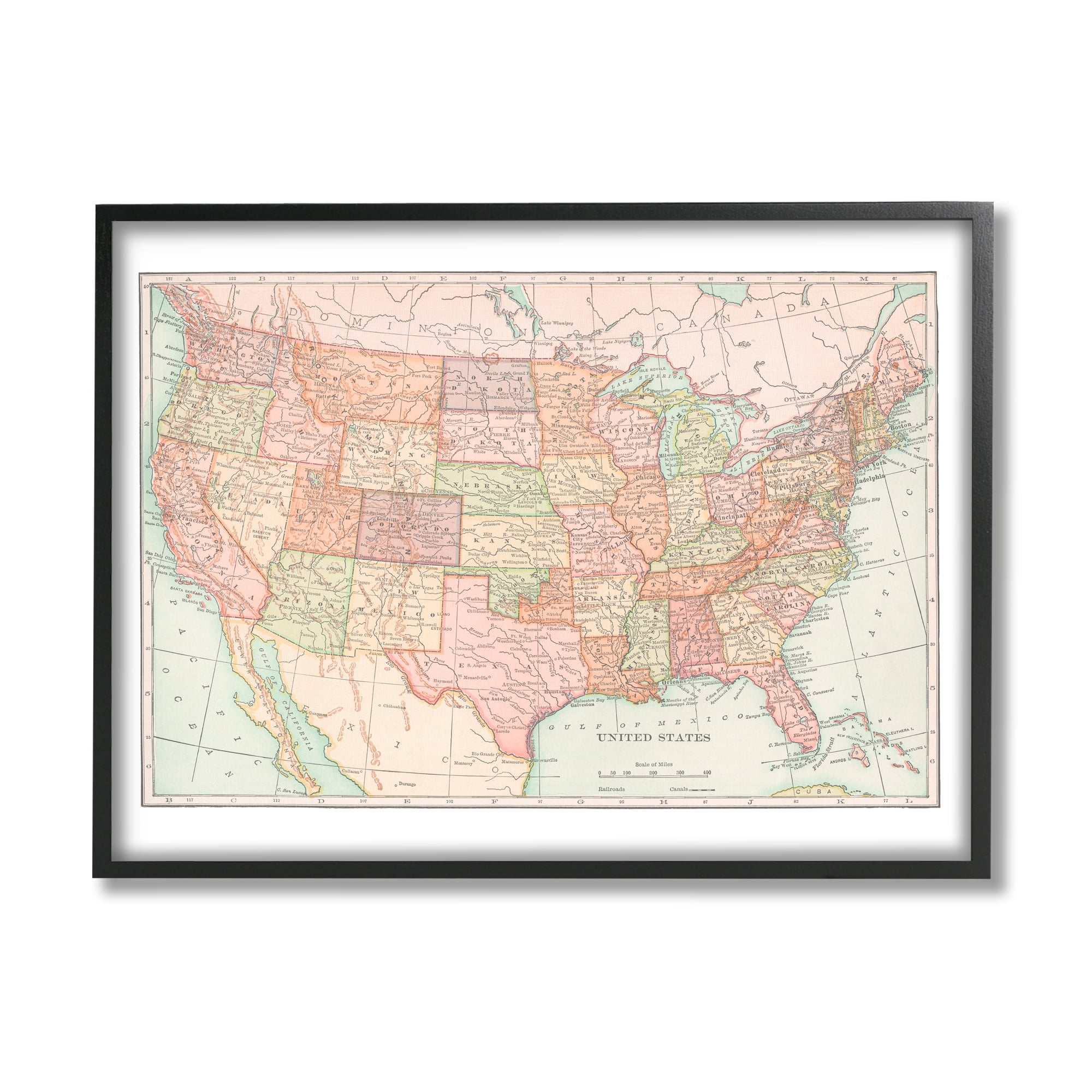 Stupell Industries Traditional USA Map Travel & Places Painting Black Framed Art Print Wall Art, 30 x 24
