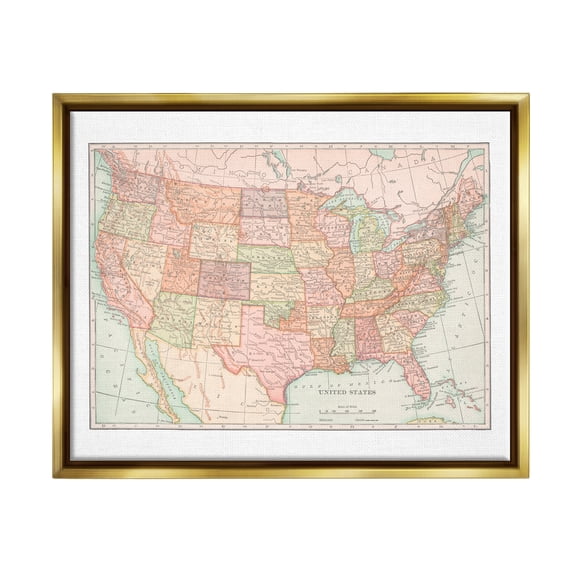 Stupell Industries Traditional USA Map Travel & Places Painting Gold Floater Framed Art Print Wall Art, 21 x 17