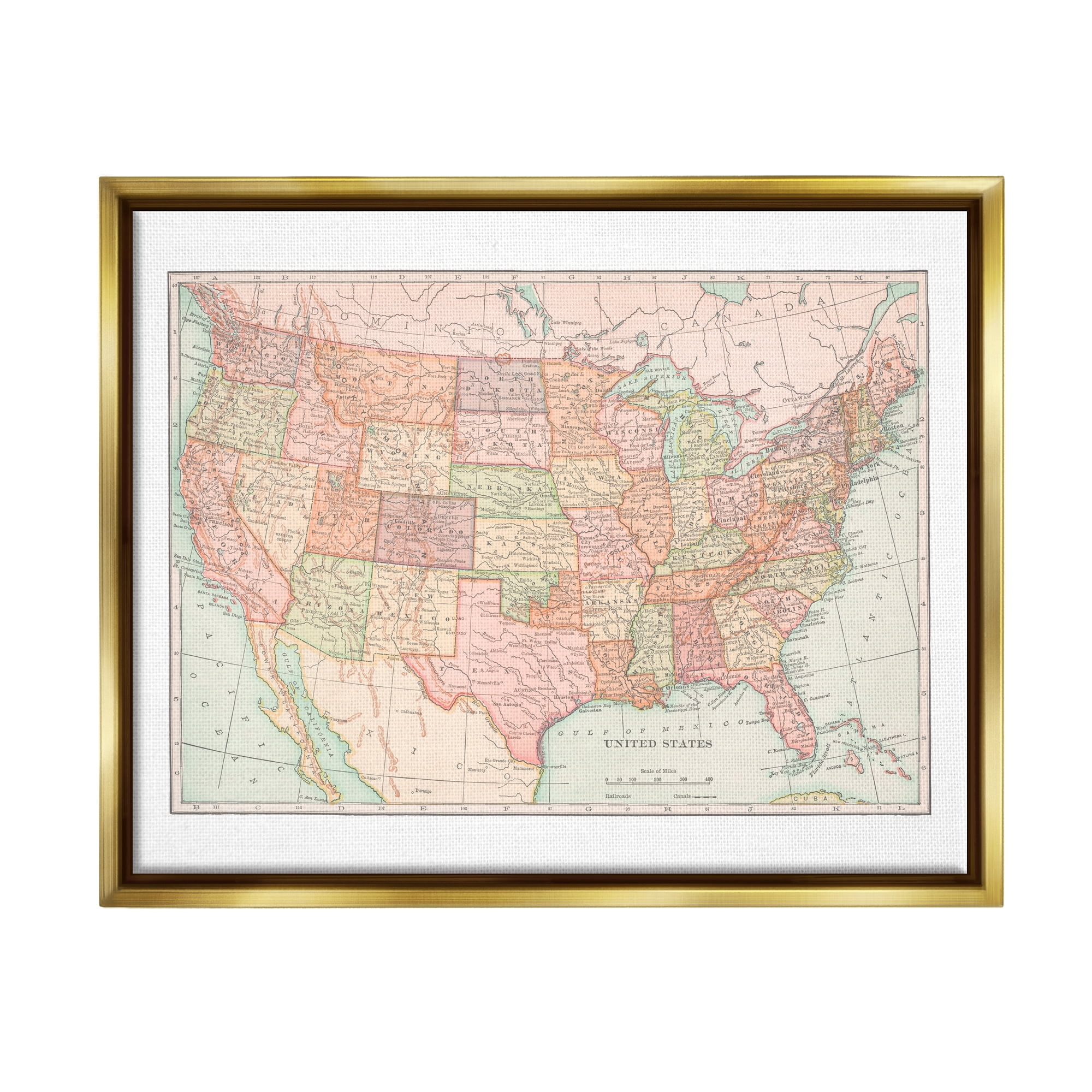 Stupell Industries Traditional USA Map Travel & Places Painting Gold Floater Framed Art Print Wall Art, 31 x 25