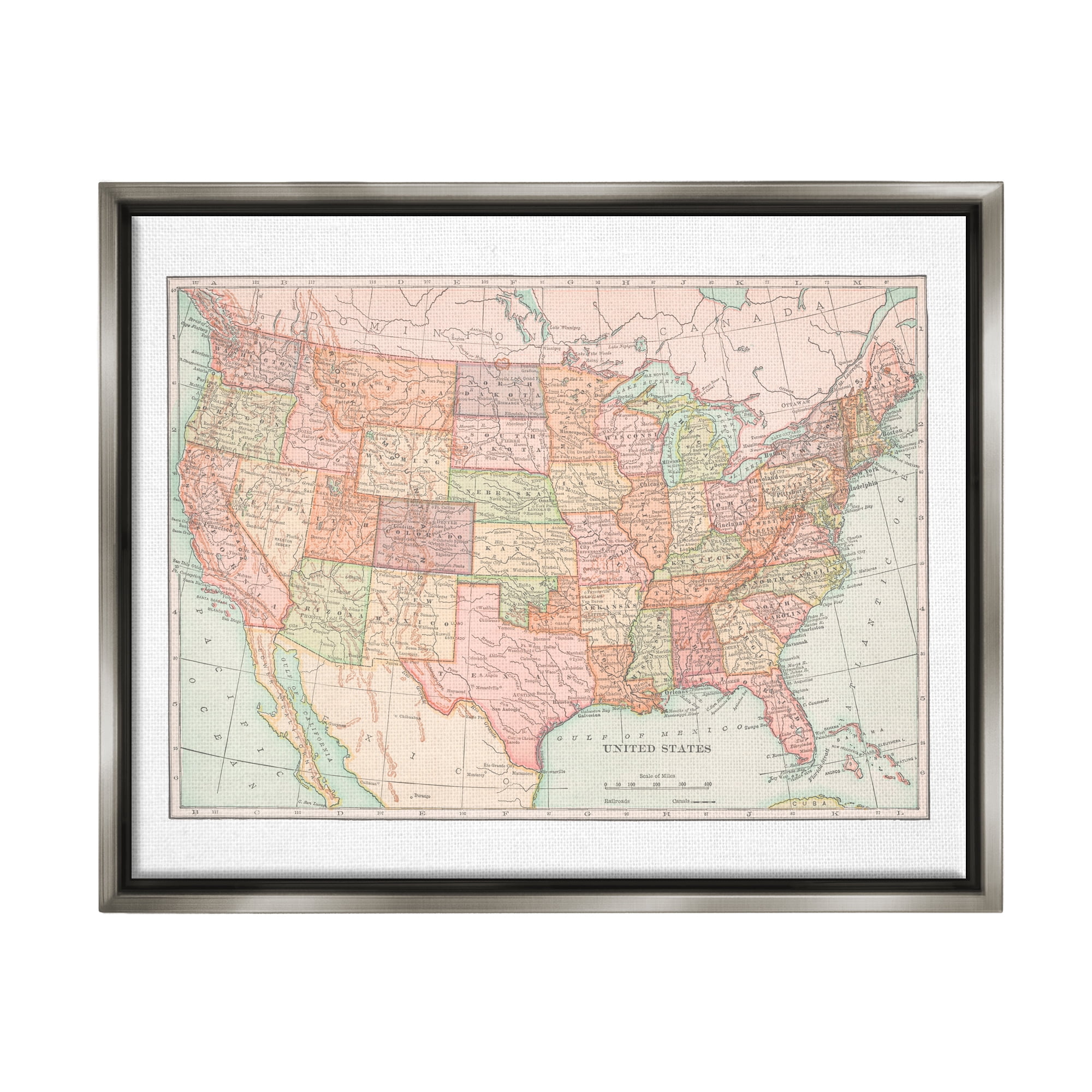Stupell Industries Traditional USA Map Travel & Places Painting Gray Floater Framed Art Print Wall Art, 21 x 17