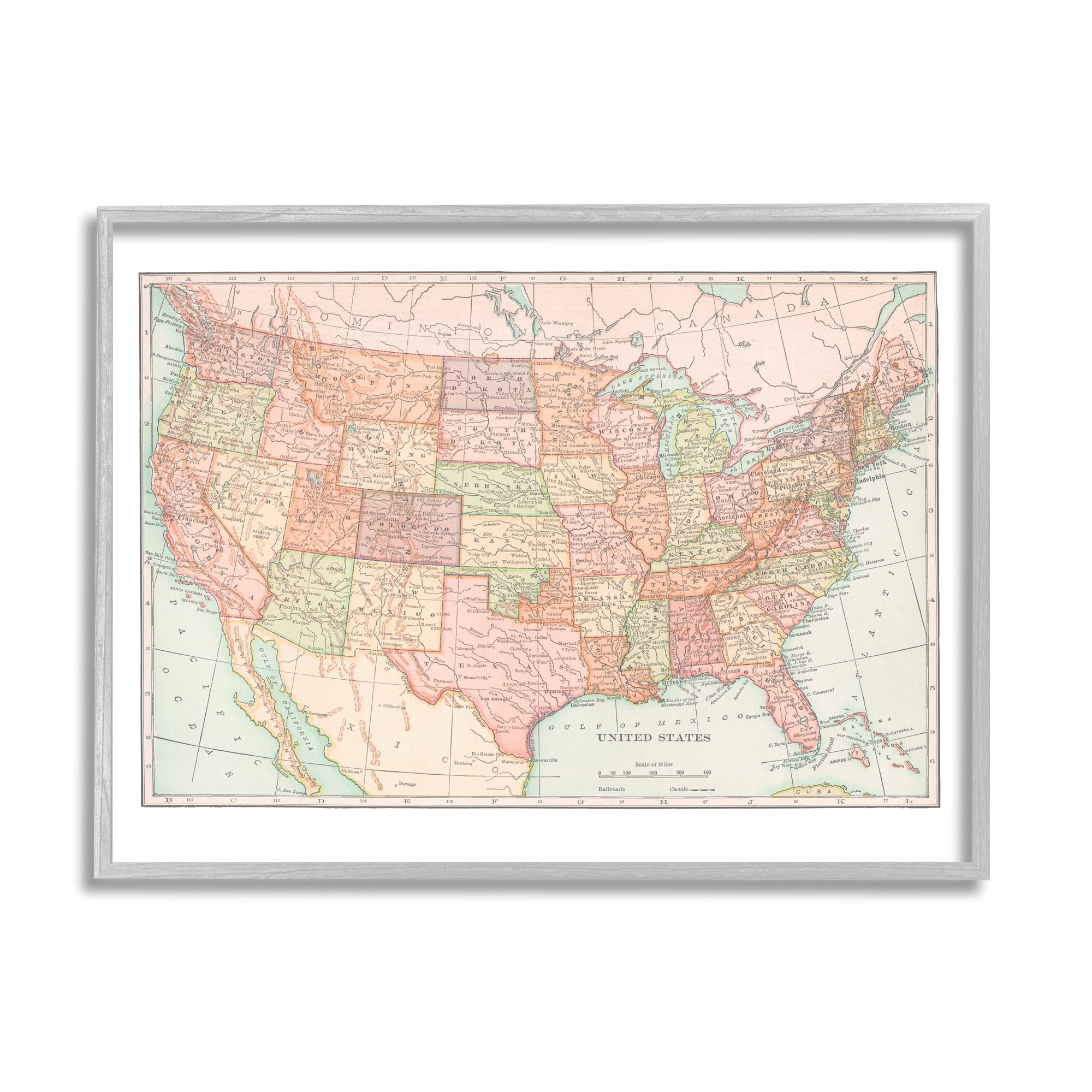 Stupell Industries Traditional USA Map Travel & Places Painting Gray Framed Art Print Wall Art, 14 x 11