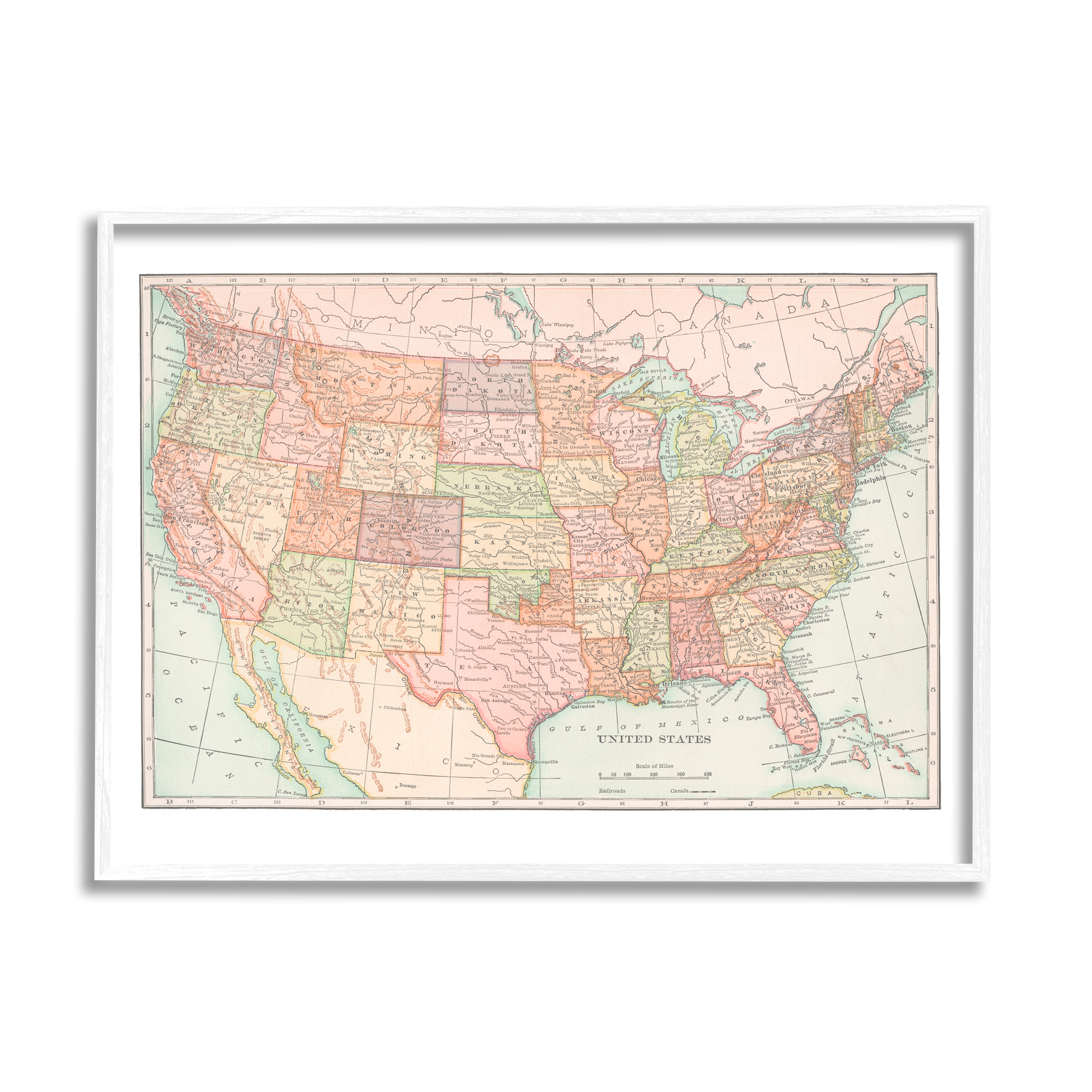 Stupell Industries Traditional USA Map Travel & Places Painting White Framed Art Print Wall Art, 14 x 11