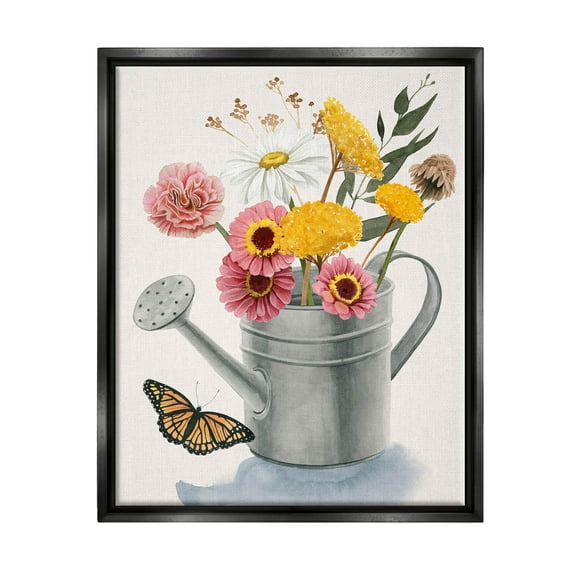 Stupell Industries Traditional Watering Can Flower Bouquet Painting Jet Black Floating Framed Canvas Print Wall Art, Design by Grace Popp