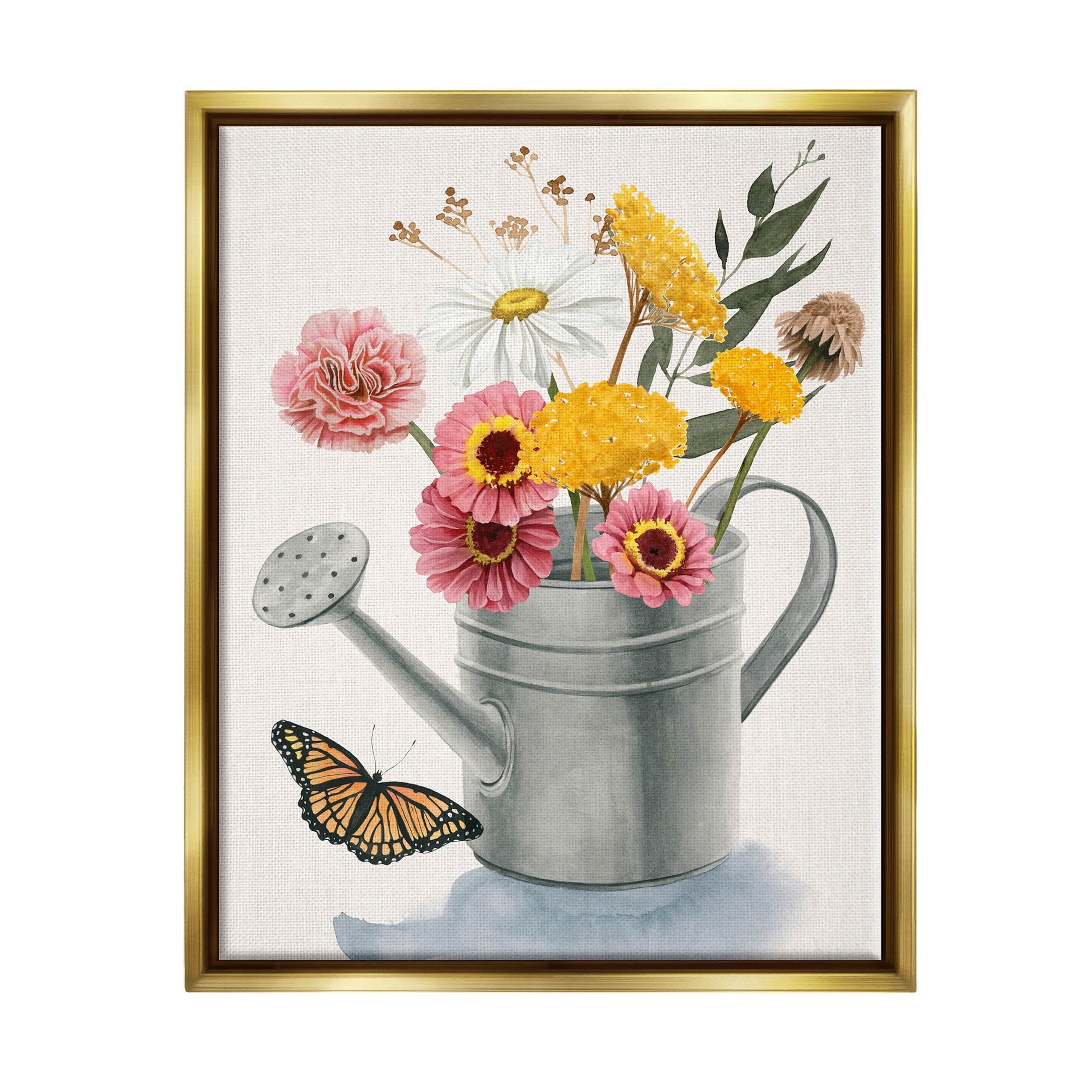 Stupell Industries Traditional Watering Can Flower Bouquet Painting Metallic Gold Floating Framed Canvas Print Wall Art, Design by Grace Popp