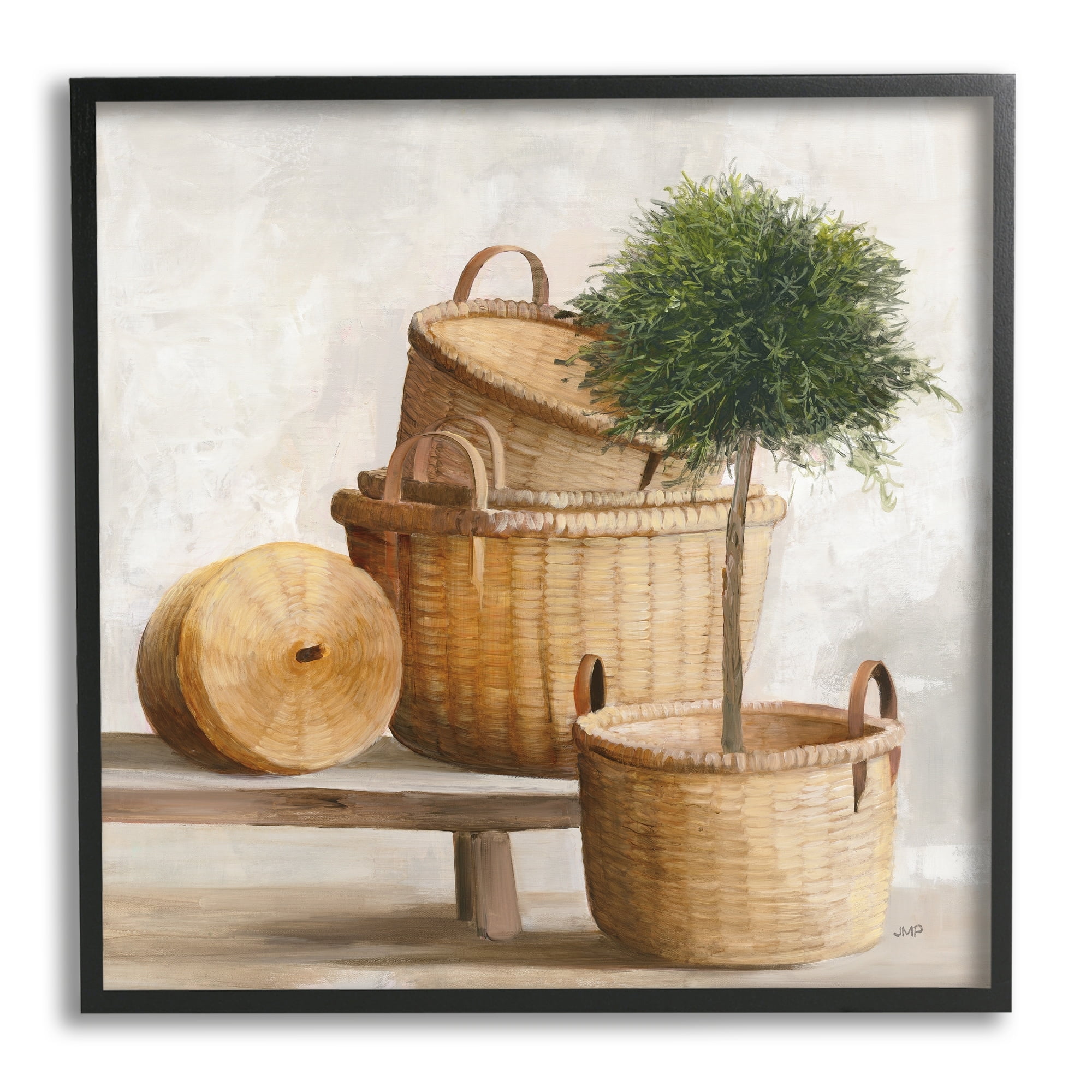Stupell Industries Traditional Whicker Baskets Stacked Still Life Painting Black Framed Art Print Wall Art, 17x30, by Julia Purinton