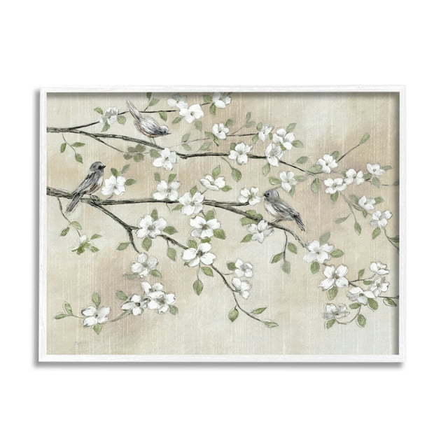 Stupell Industries Traditional White Cherry Blossom Birds Branches Painting , 14 x 11, Design by Nan