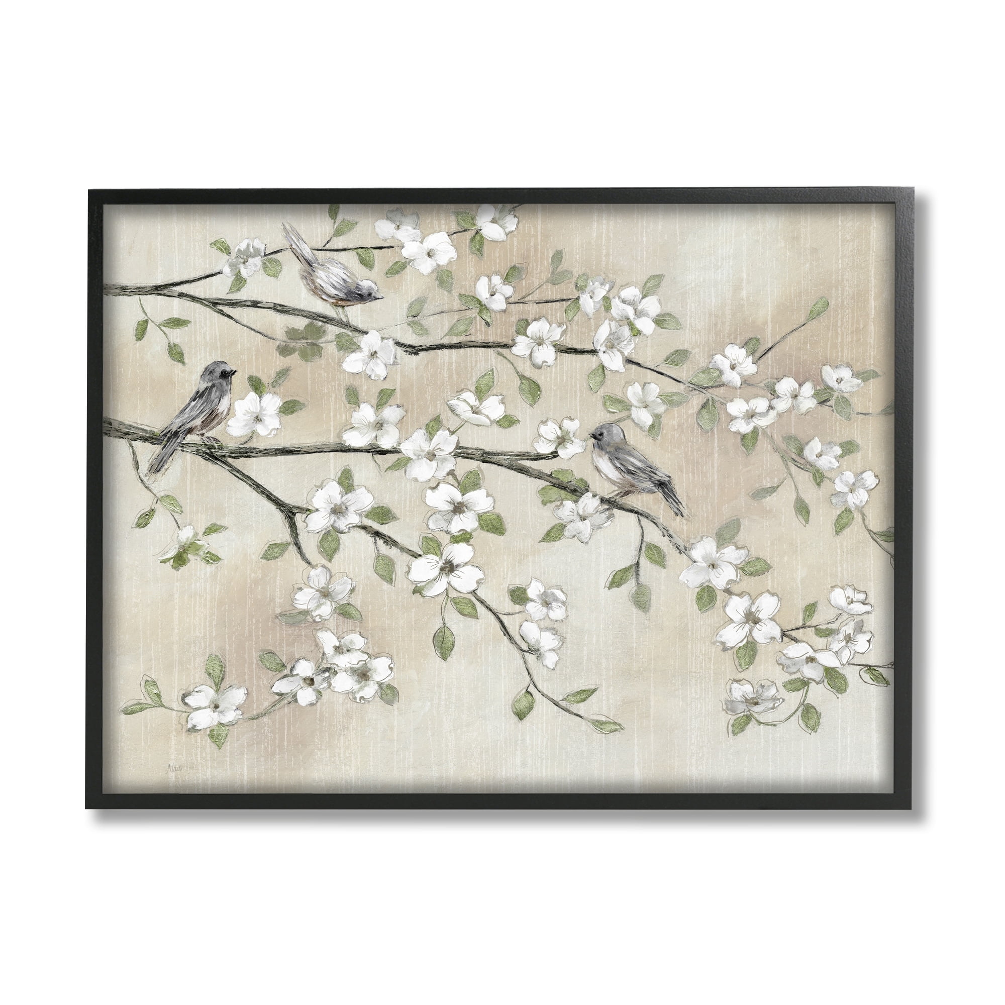Stupell Industries Traditional White Cherry Blossom Birds Branches Painting , 14 x 11, Design by Nan