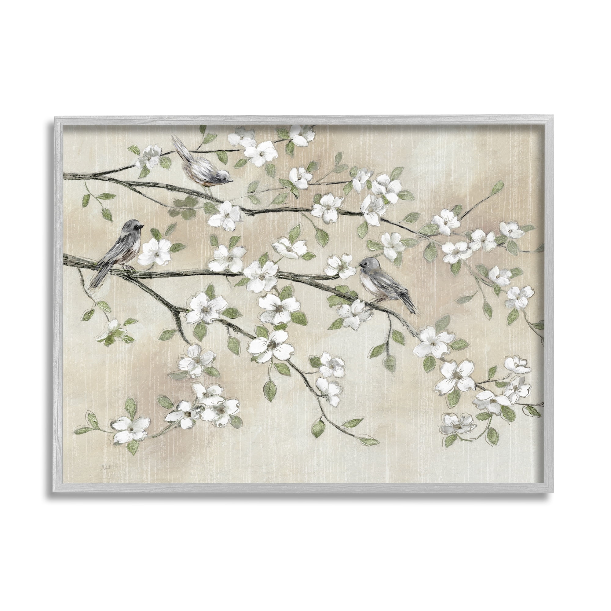 Stupell Industries Traditional White Cherry Blossom Birds Branches Painting , 20 x 16, Design by Nan