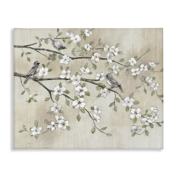 Stupell Industries Shabby Chic Traditional White Cherry Blossom Birds Branches Canvas Art, 40 x 30, by Nan