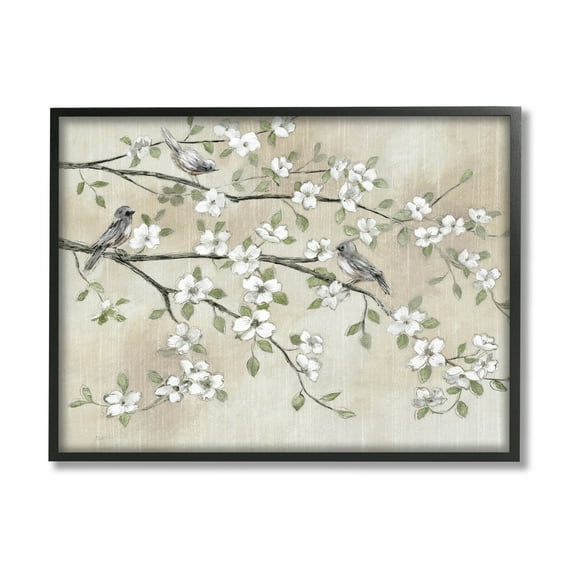 Stupell Industries Traditional White Cherry Blossom Birds Branches Painting Black Framed Art Print Wall Art, 30x24, by Nan